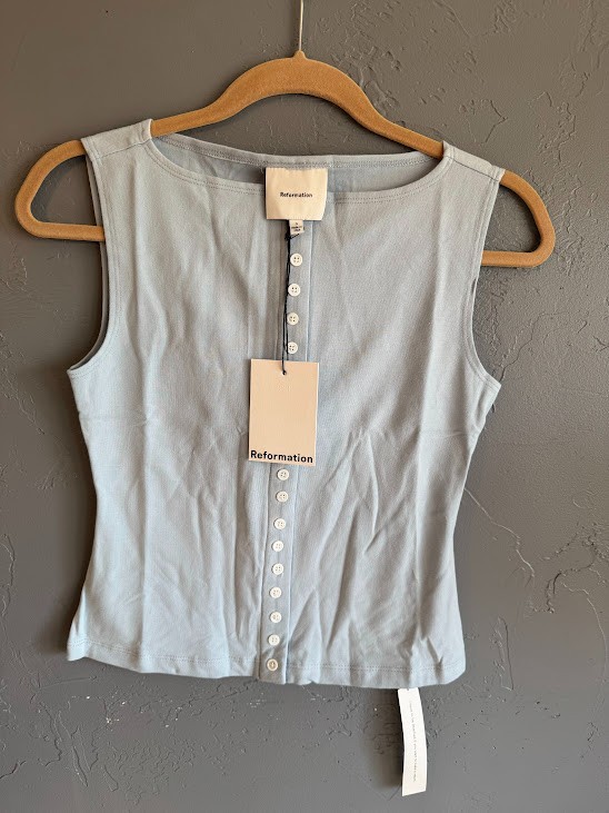REFORMATION JULIE KNIT TOP MINERAL BLUE SLEEVELESS BUTTON FRONT HIGH NECK Choose