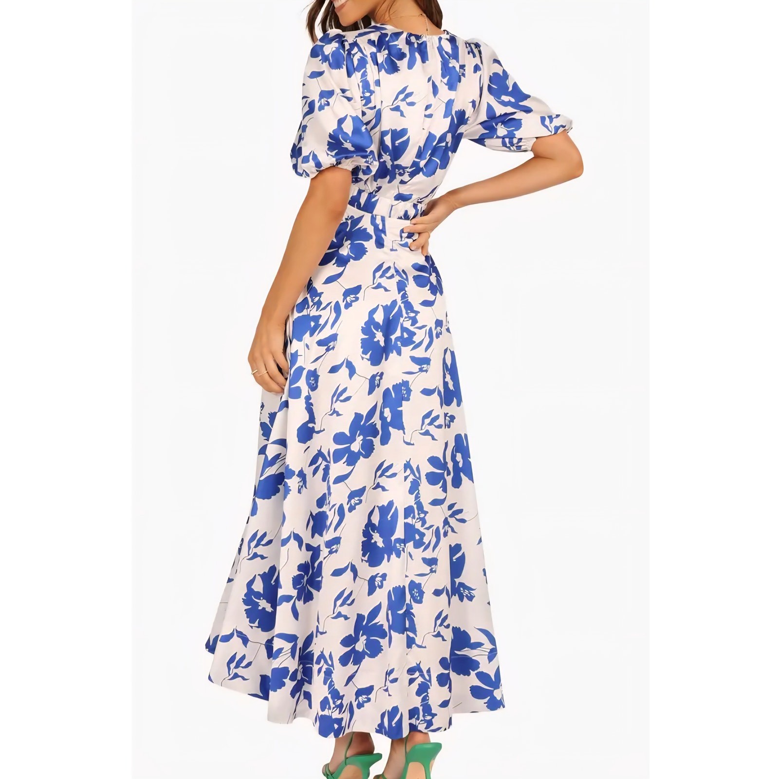 Petal + Pup Aminah Puff Sleeve Maxi Dress size XS white blue floral pockets, New