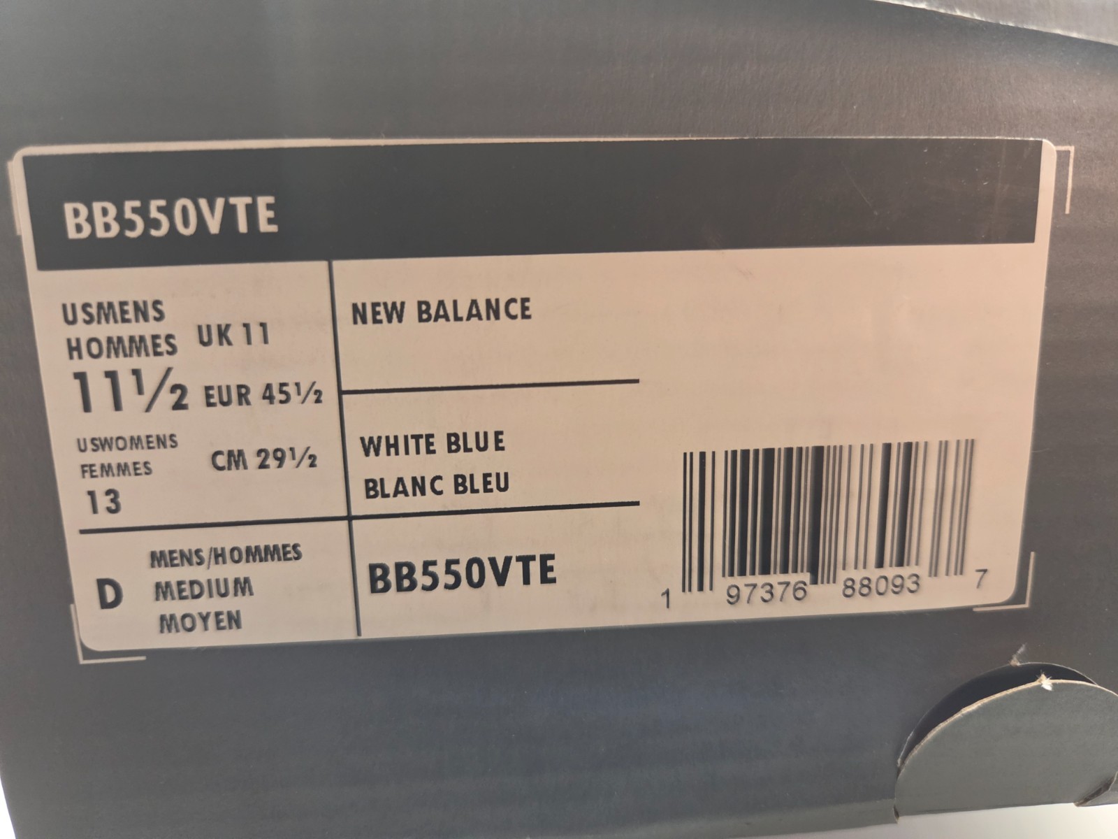 New Balance White Blue Grey BB550VTE Men Size 9 10.5 11.5 NEW