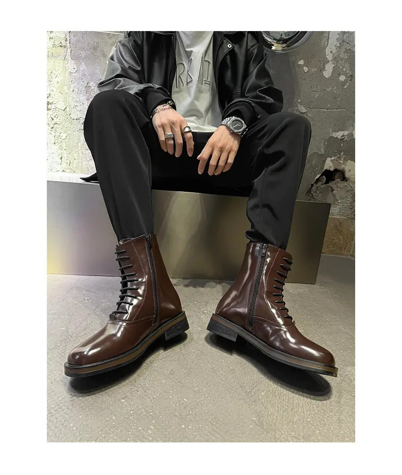 British Mid Calf Boots Men’s Lace Up High Top Business Leather Motorcycle Shoes