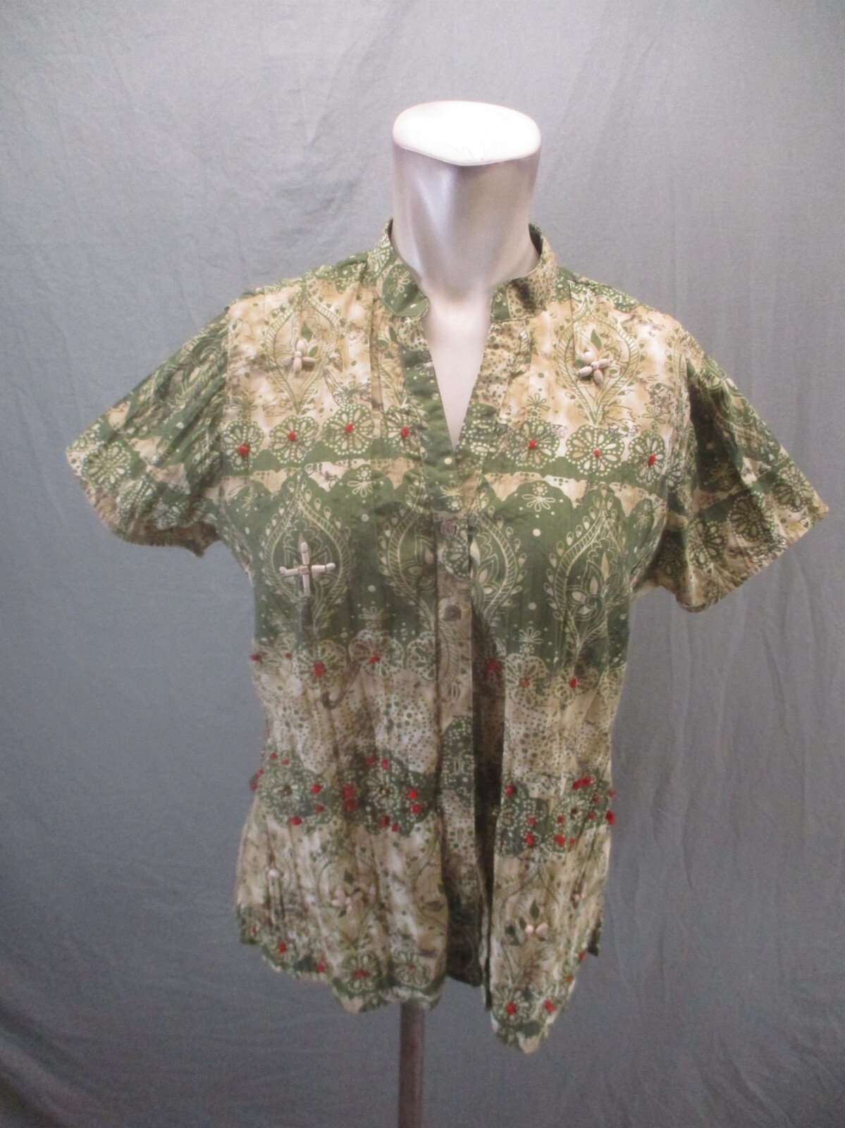 Lemon Grass Size M Womens Green Paisley Cotton Blend Short Sleeve Blouse 497
