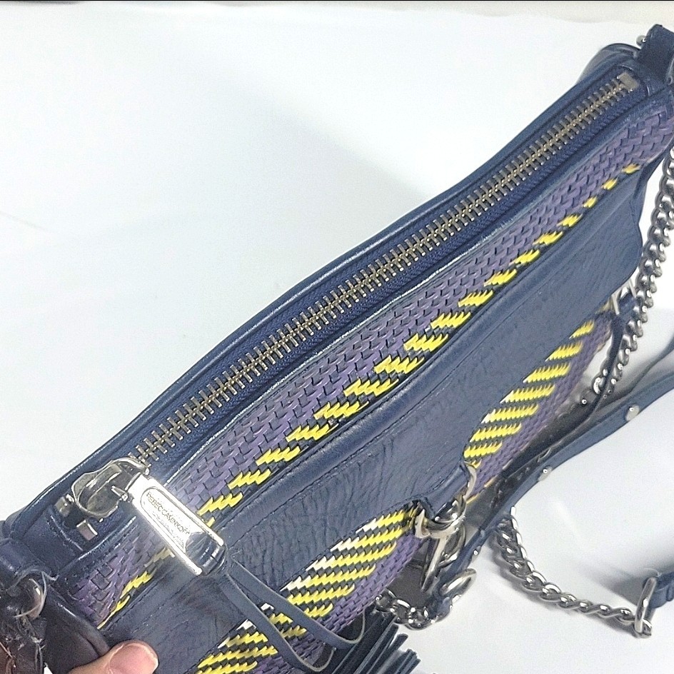 Rebecca Minkoff MAC Woven Leather Crossbody Bag Chain Strap Navy Tassel