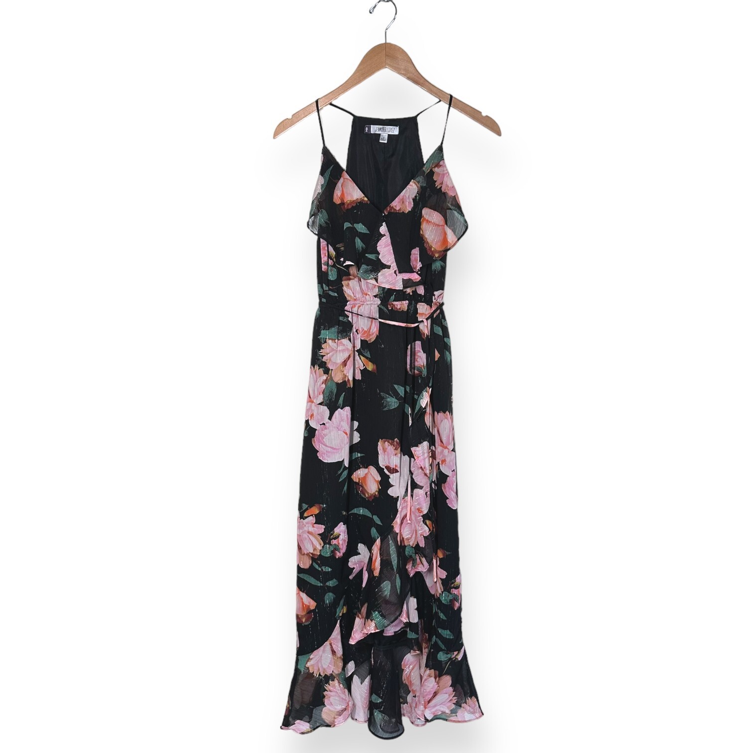 JENNIFER LOPEZ Faux Wrap Shimmer Floral Midi Dress Ruffle Tier Cascade Flirty 2