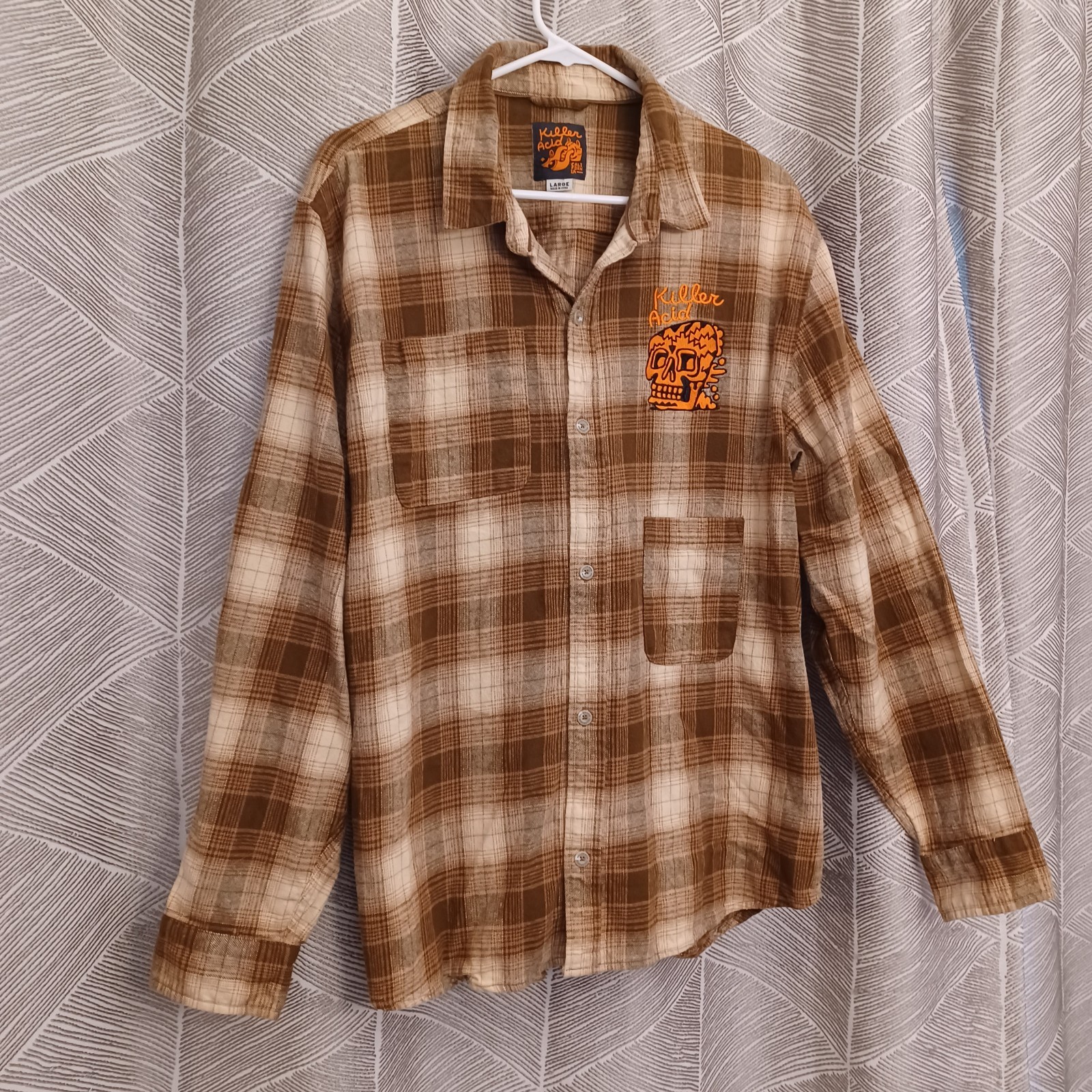 Killer Acid Brown Plaid Flannel Shirt Skull Graphic Psychedelic Art Men’s Size L