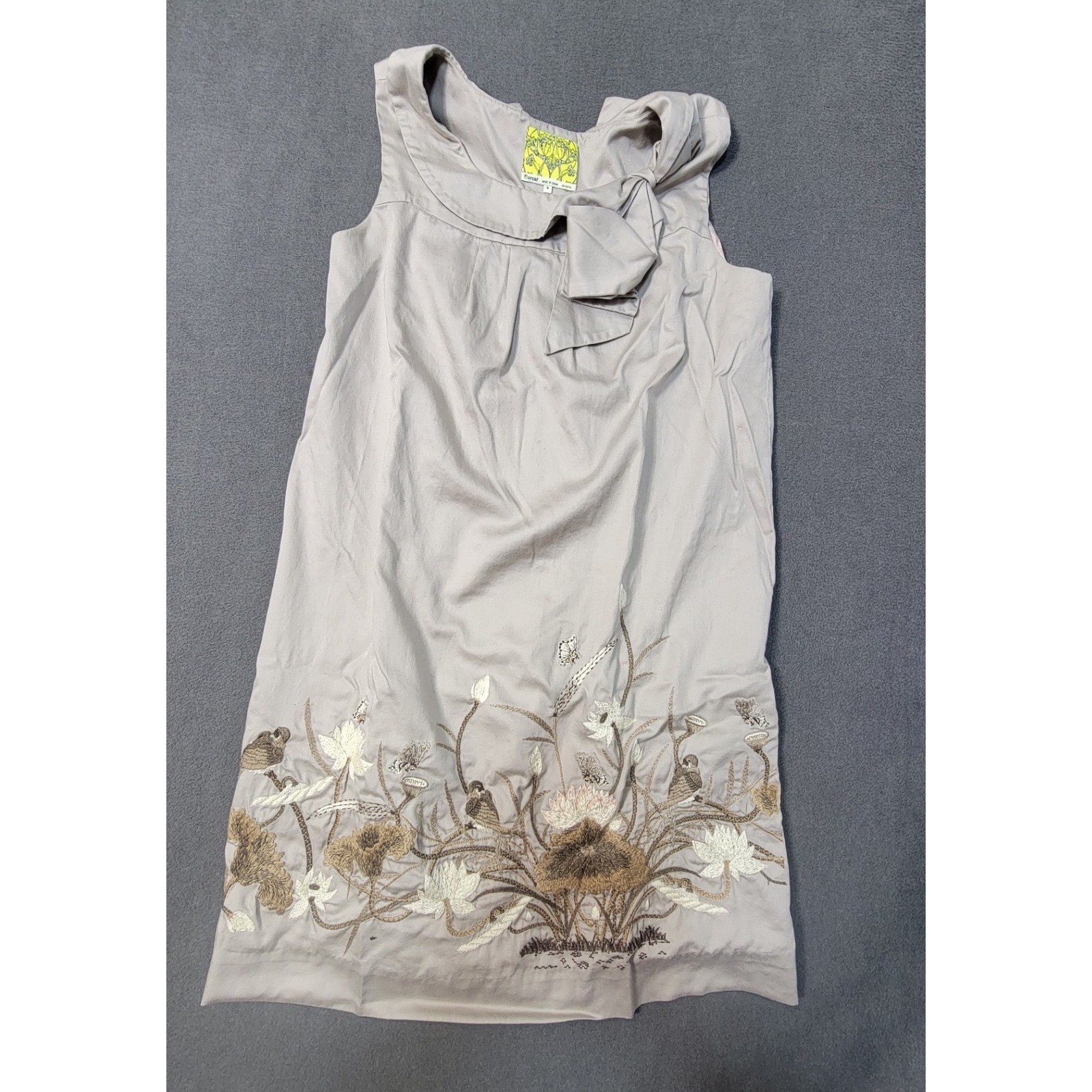 Anthropologie Taupe Lined Floreat Dress 6 Embroidery Floral Birds