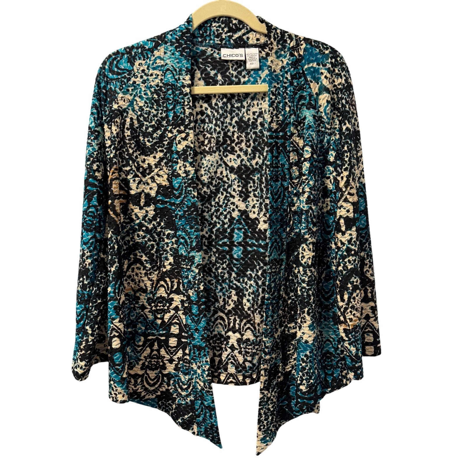Chicos Open Front Cardigan Jacket Sz M Black Blue Beige Abstract Print