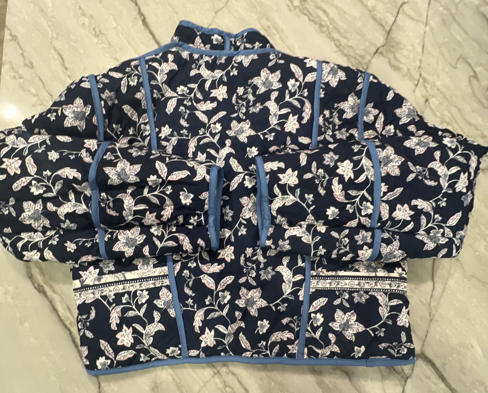 Reversible Quilted Jacket Cropped Sz MED* Navy Blue Floral Ivory/Pink