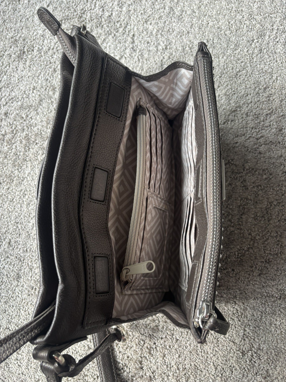 BRIGHTON Crossbody Organizer in Cappuccino Pebbled Leather w/ Silver Studs