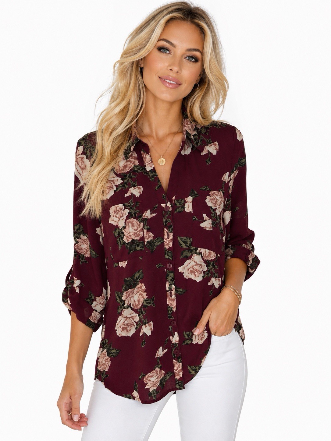 IZ Byer Women’s Floral Button Front Blouse Long Sleeve Burgundy Pink Roses XS