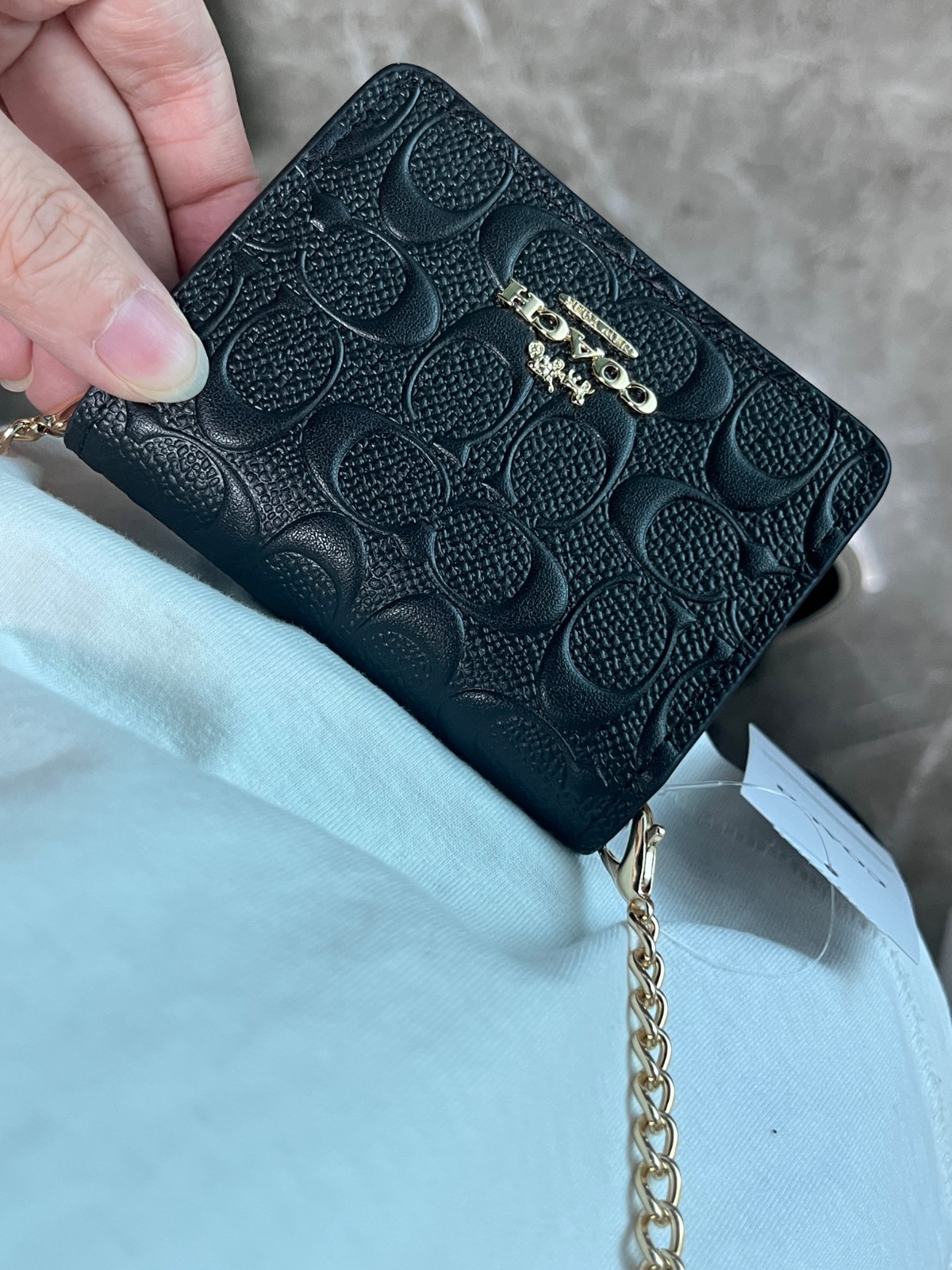 NEW Black COACH C7361 Mini Wallet on a Chain with In Signature Print Relief