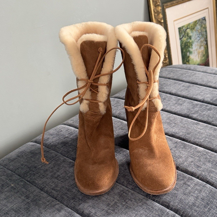 Women’s Suede Mid-Calf Lace-Up Winter Boots Faux Fur Lined Brown/Beige 7
