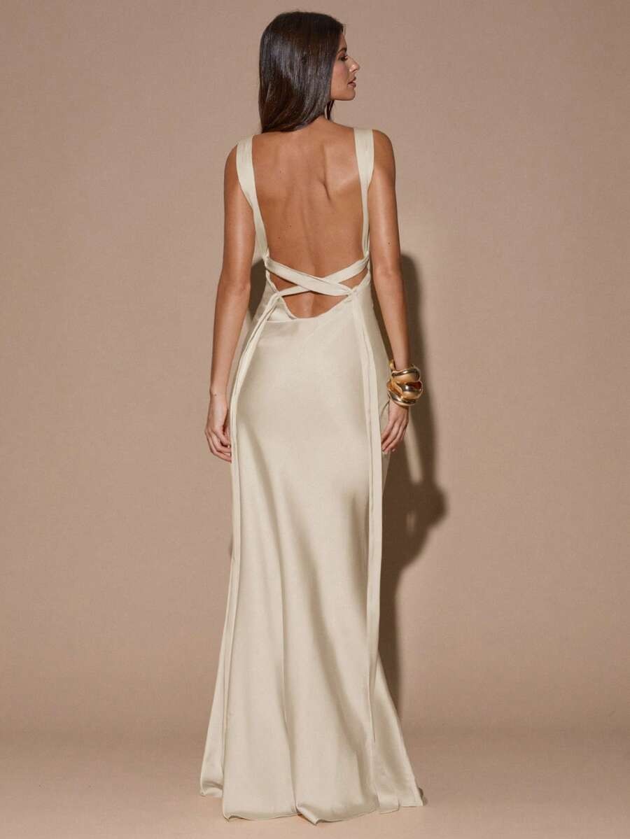 Elegant Satin Maxi Dress Deep V Neck Criss Cross Backless Mermaid Wedding