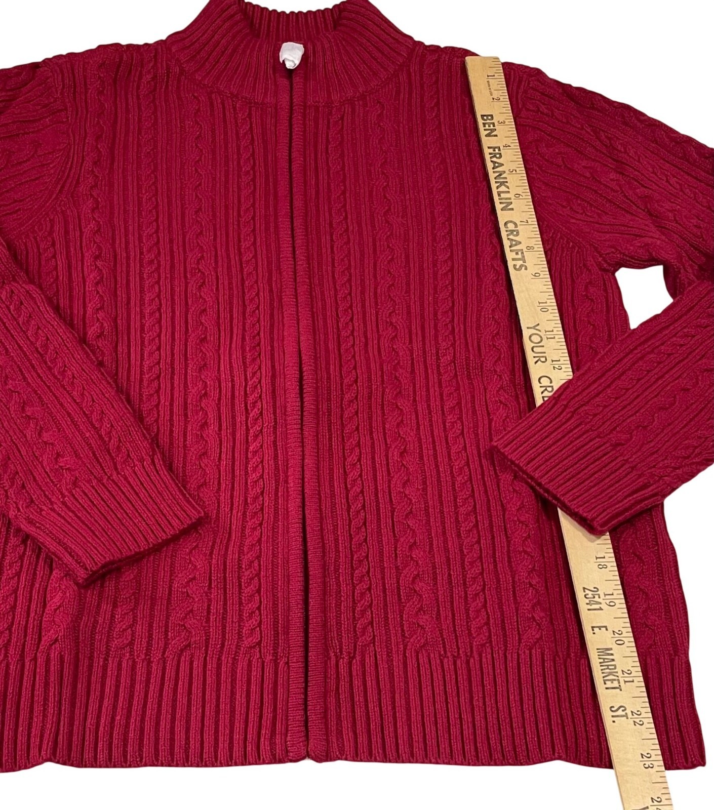 Appleseed’s Wool Blend Sweater Jacket PL Red Vibrant Cable Knit Fisherman Preppy