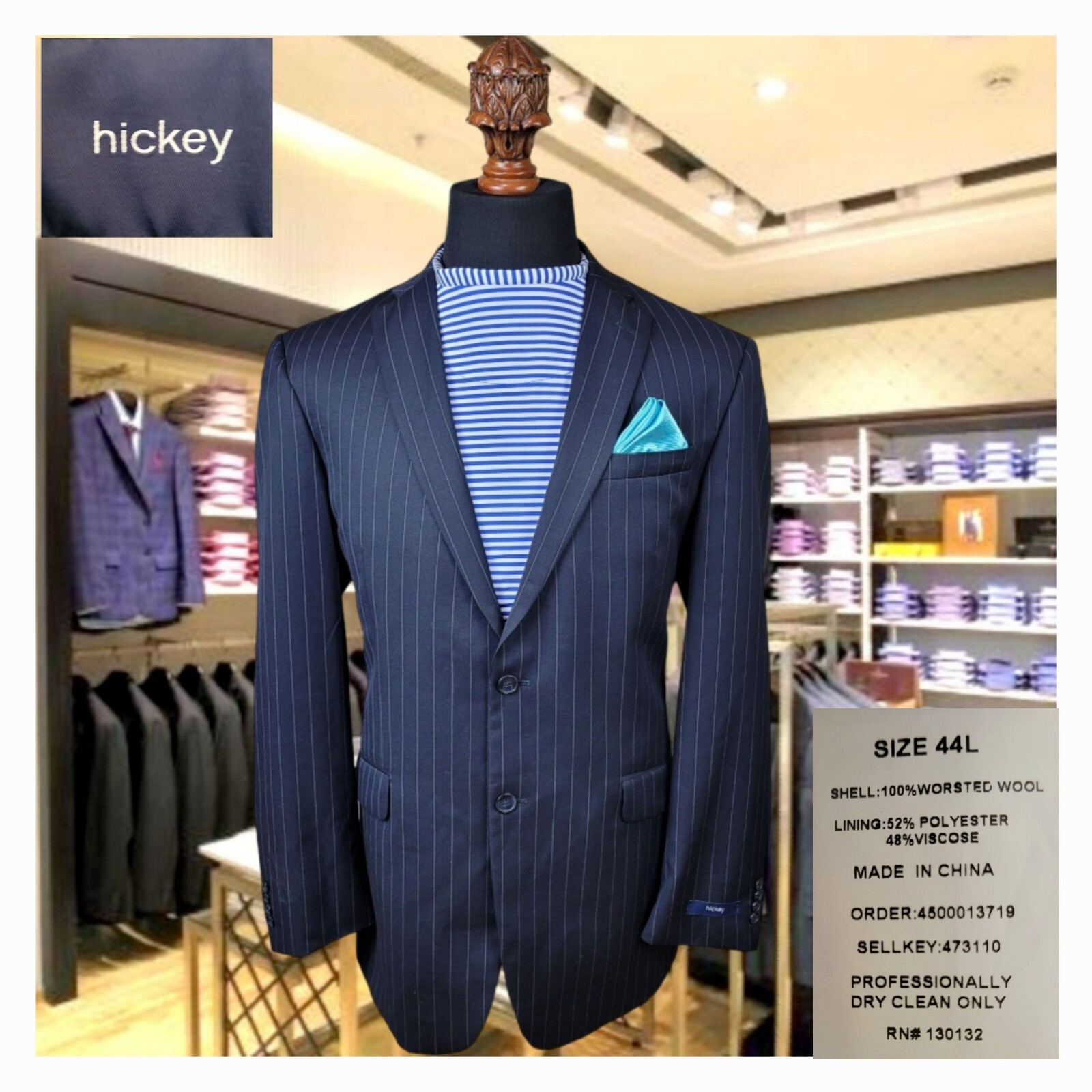 Hickey Freeman 100% Worsted Wool Navy Blue Blazer Mens 44L Sport Suit Coat