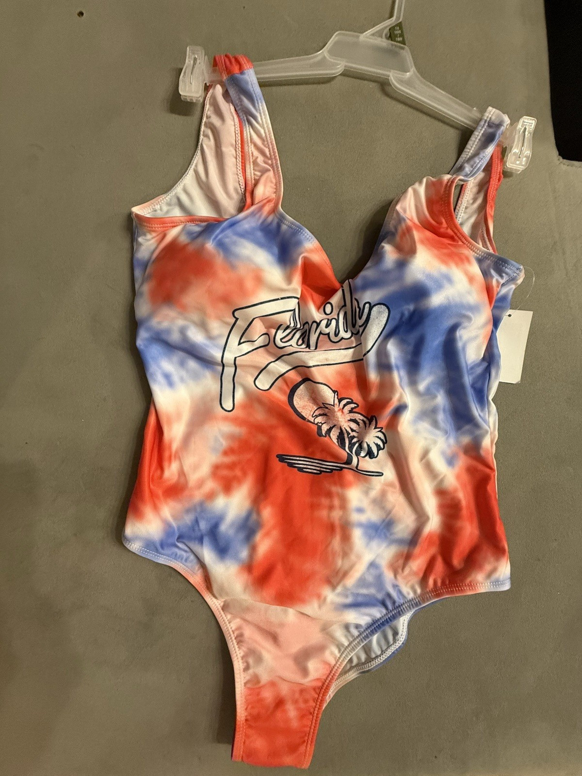 Walmart USA Tie-Dye One-Piece Swimsuit Red White Blue, M, D Cup, Wide Strap