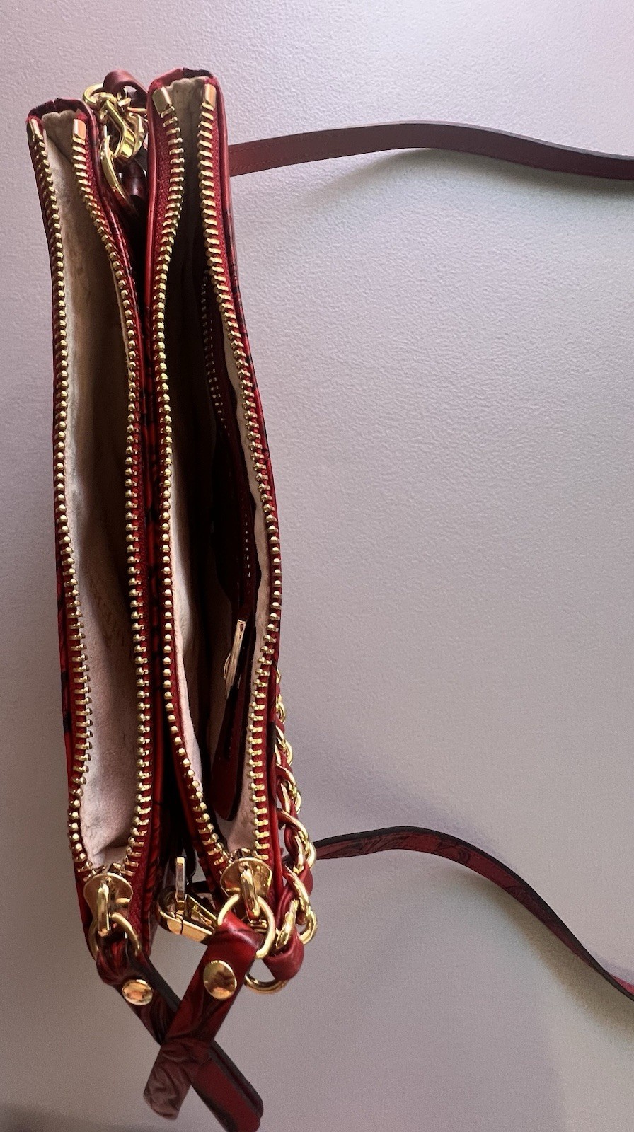 Cuoieria Fiorentina Red Floral Whimsigoth Embossed Crossbody Bag Chain Zip Gold