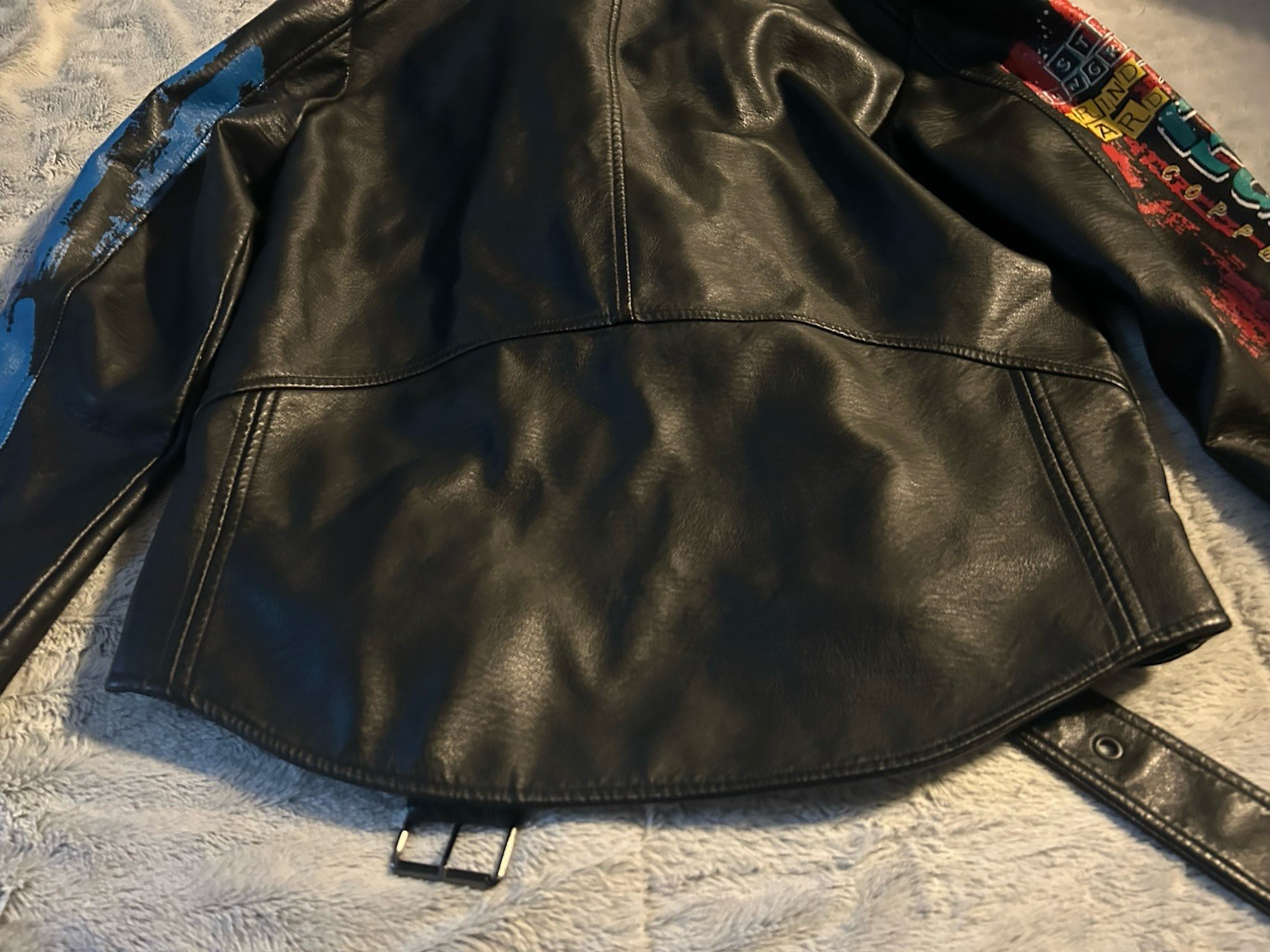 Copper Rivet Moto PU Leather Jacket Black Mens XLarge Removable Fur Graphic