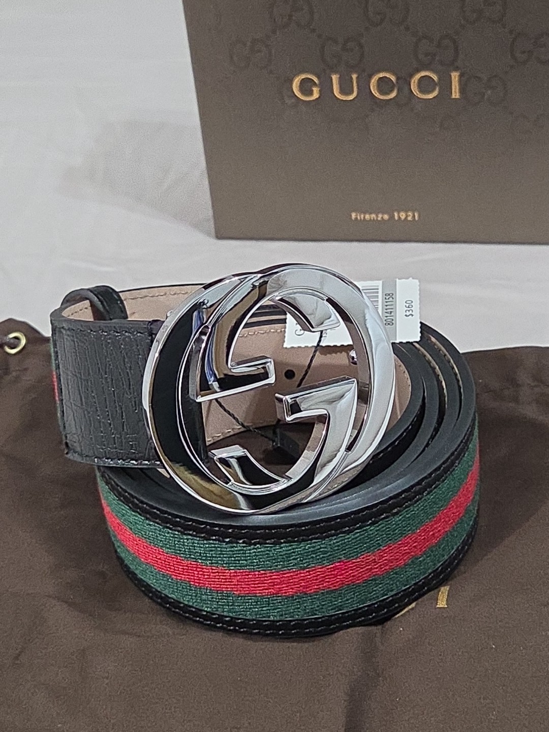 Gucci Black Green Red Striped Belt Size 38-40 IT 110CM Silver Buckle