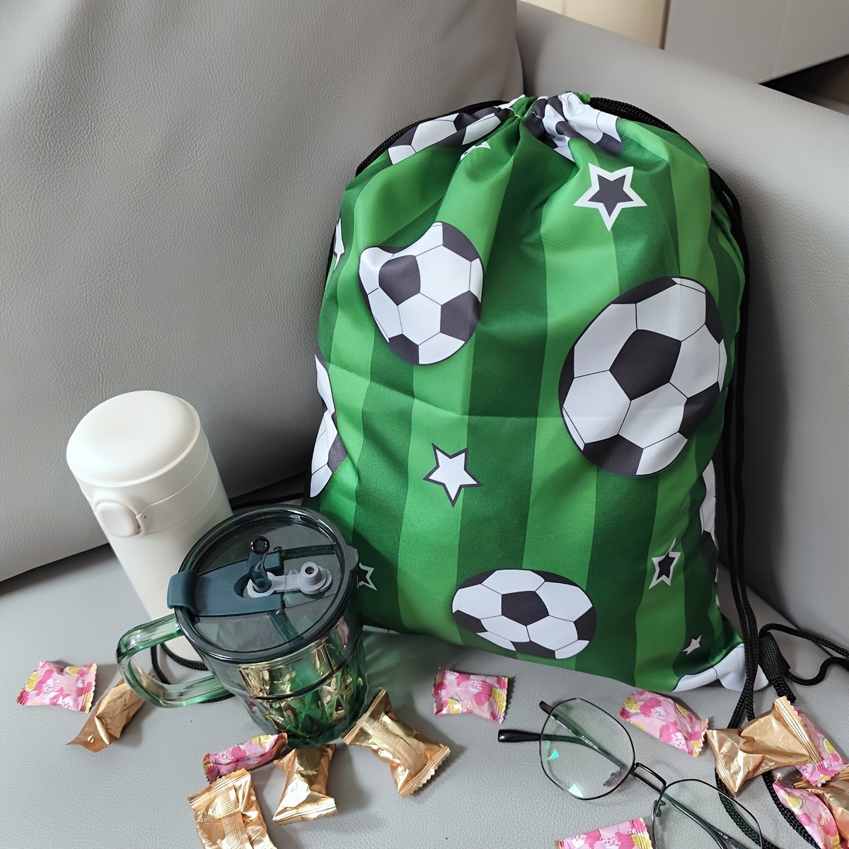 Large Foldable Football Print Drawstring Backpack Unisex Casual Sports Bag ◐