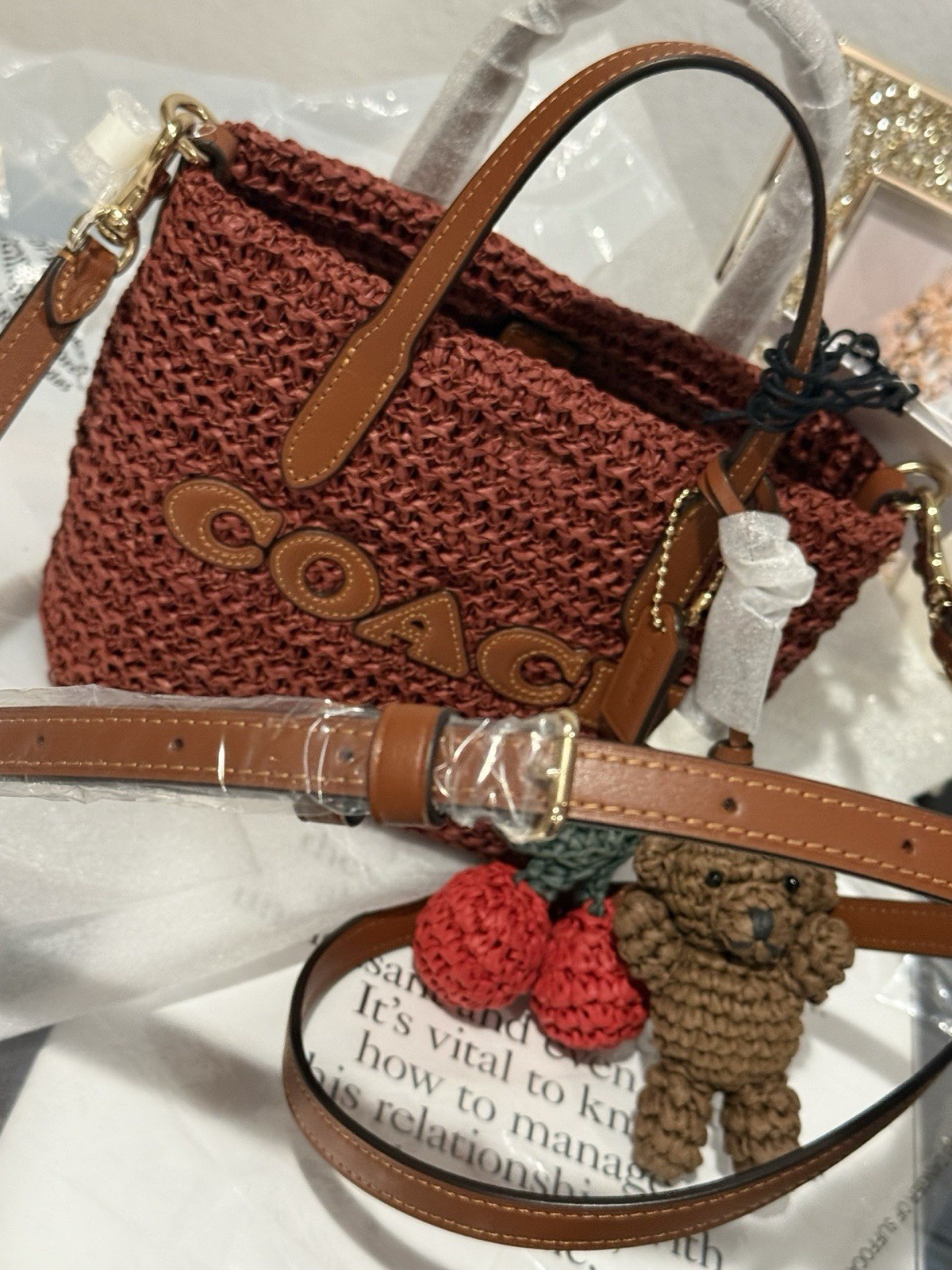 coach City Mini Tote Bag With cherry and bear Charms CEU30 NWT