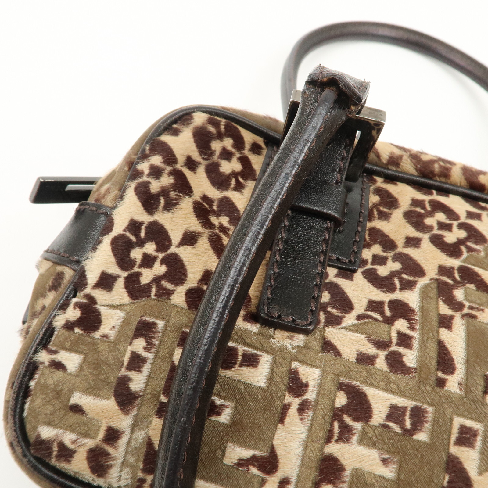 FENDI FF Mini Boston Bag Hand Bag 8BN004 Unborn Calf Leather Auth Used