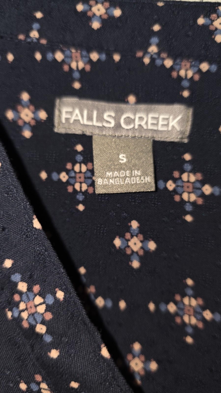Falls Creek Navy Blue Geometric Bell Sleeve Pullover Blouse Women’s Size S
