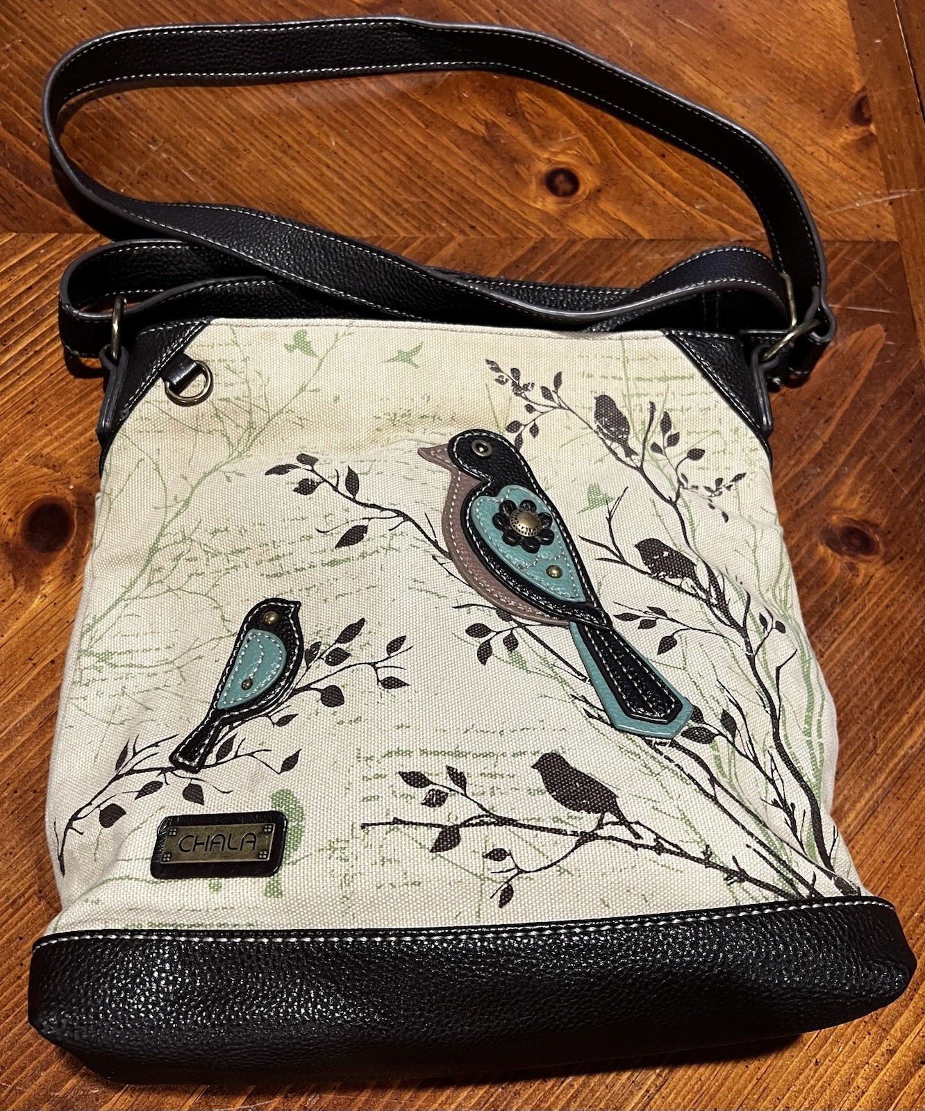 CHALA Bird Applique Crossbody Canvas Bag Zip Closure Beige/Black/Blue/Gold