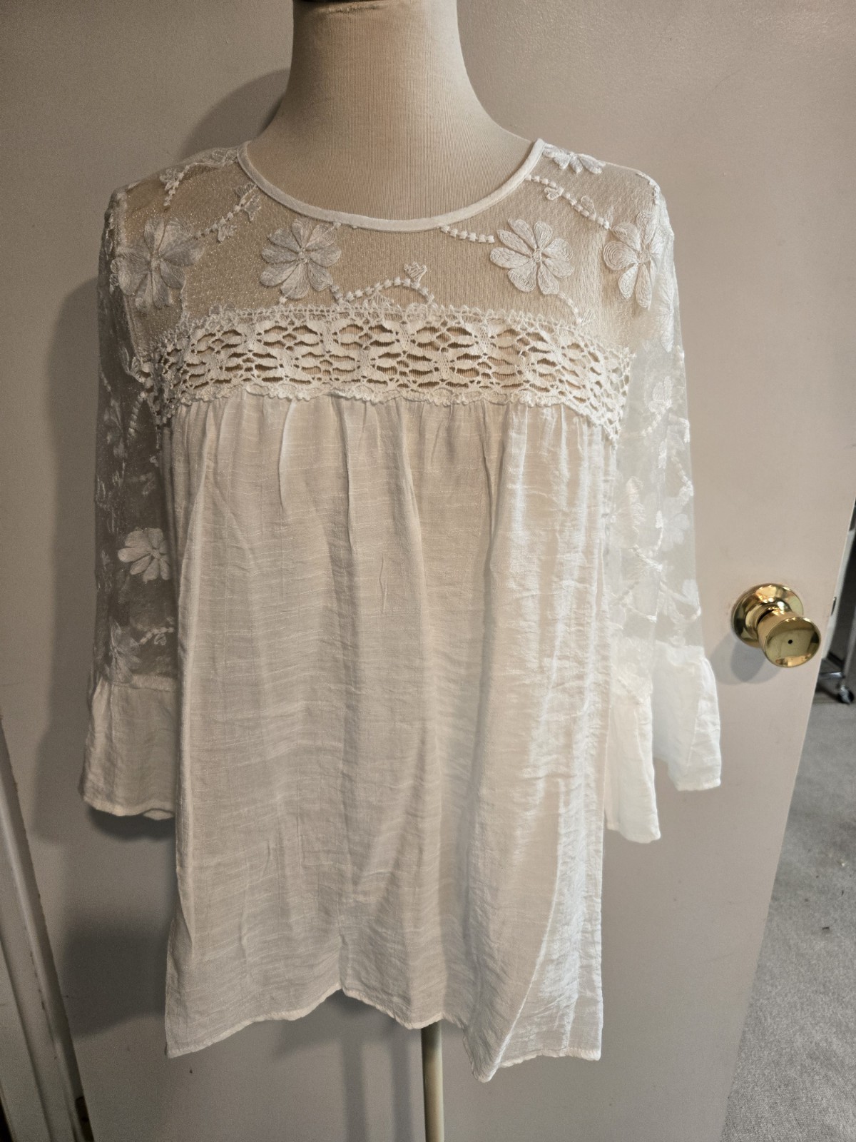 Unique Spectrum White Boho Blouse Top Sz L Womens