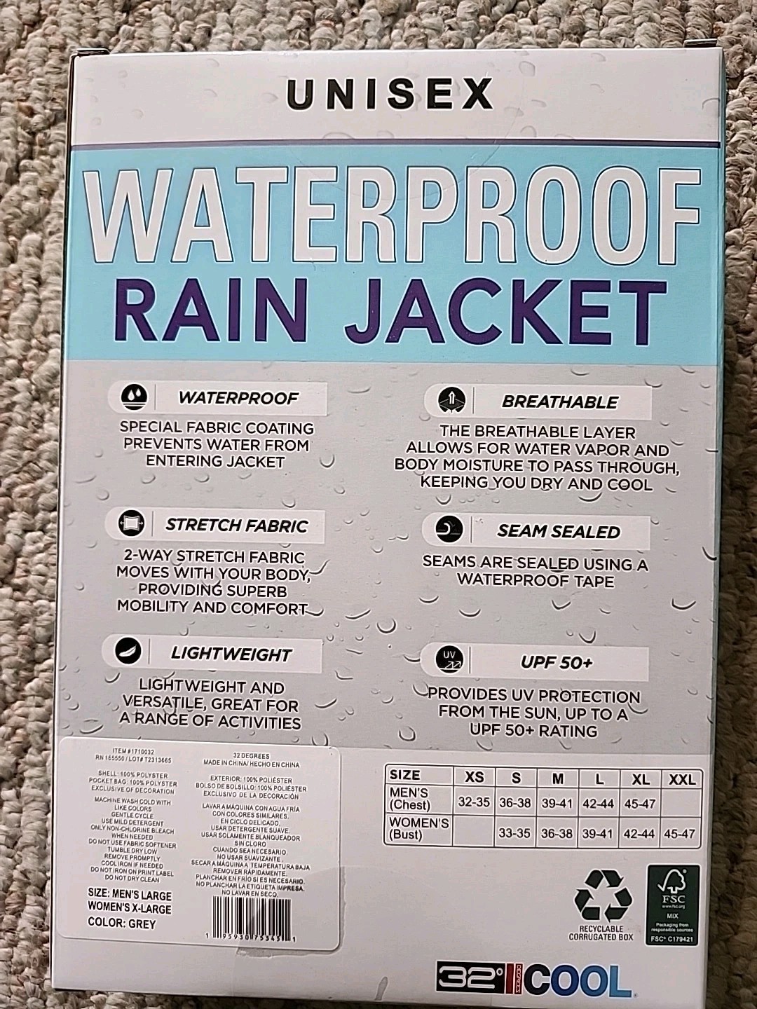 32 Degrees Cool Rain Jacket Unisex Adult Mens(L) Womens(XL) Gray Hooded