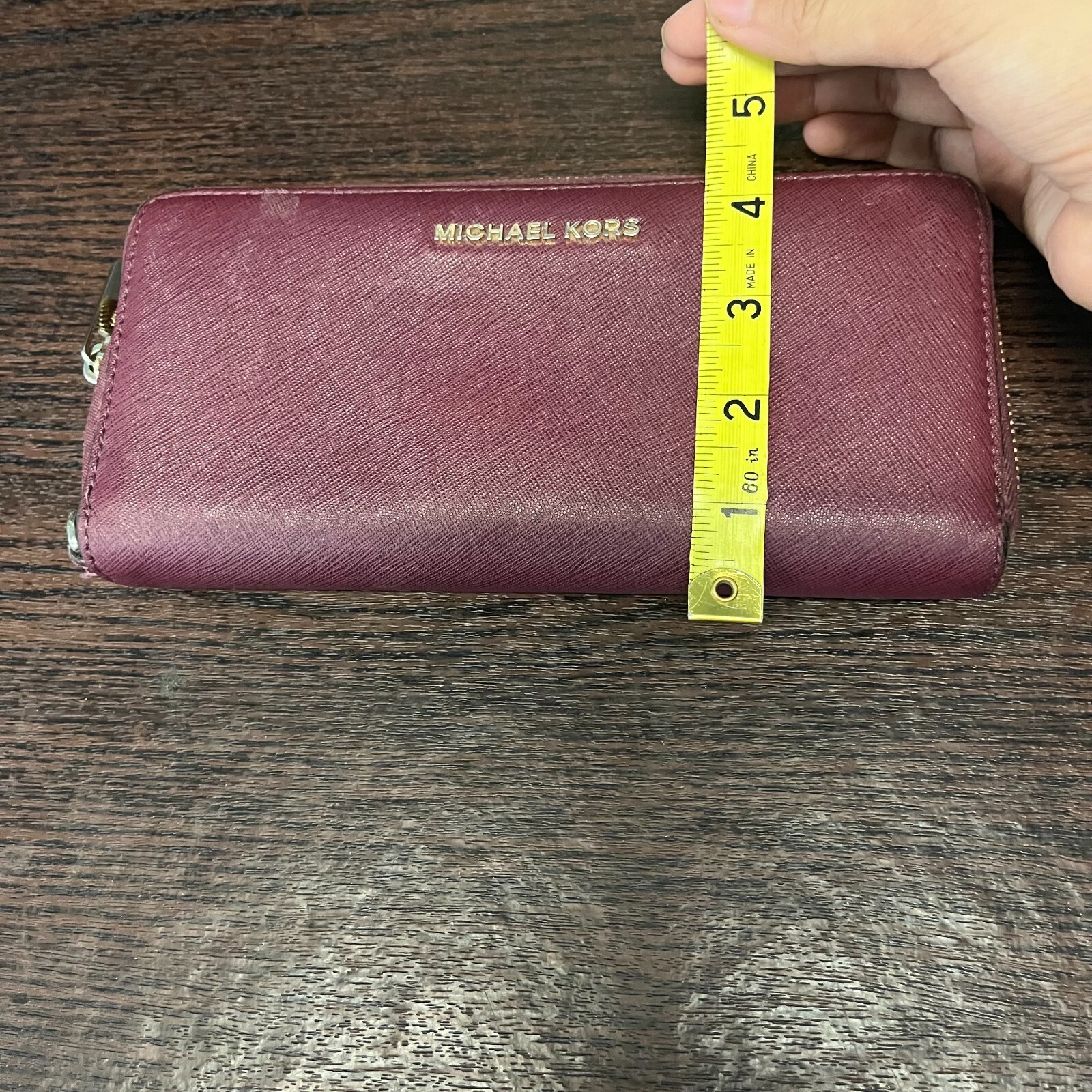 Michael Kors Womens Deep Red Leather Card Holder Pockets Zip Around Purse Wallet