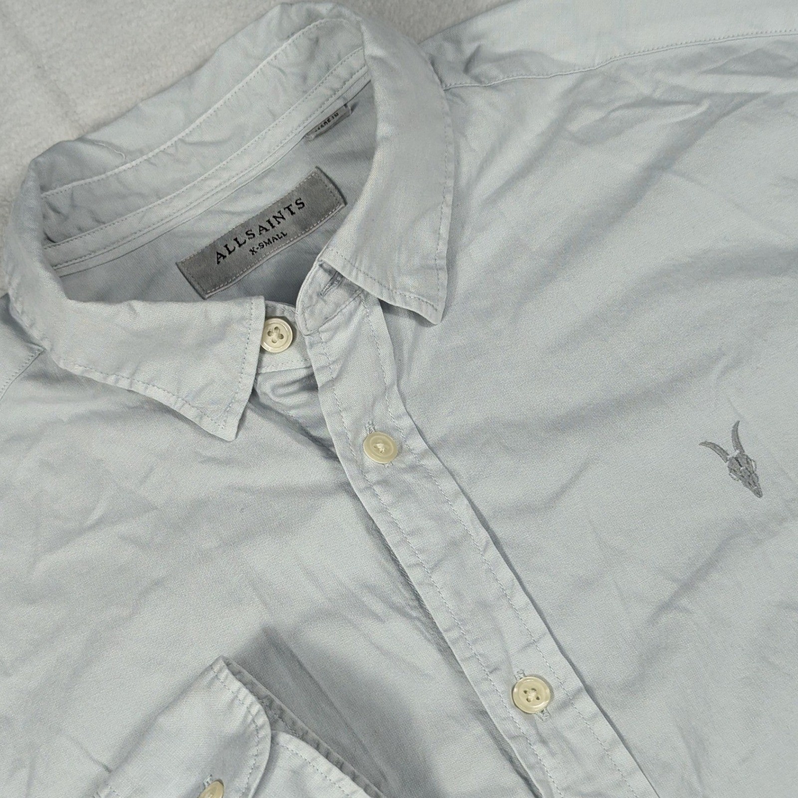 AllSaints Hawthorne LS Shirt Mens XS Light Grey Ramskull Button Down MS032V