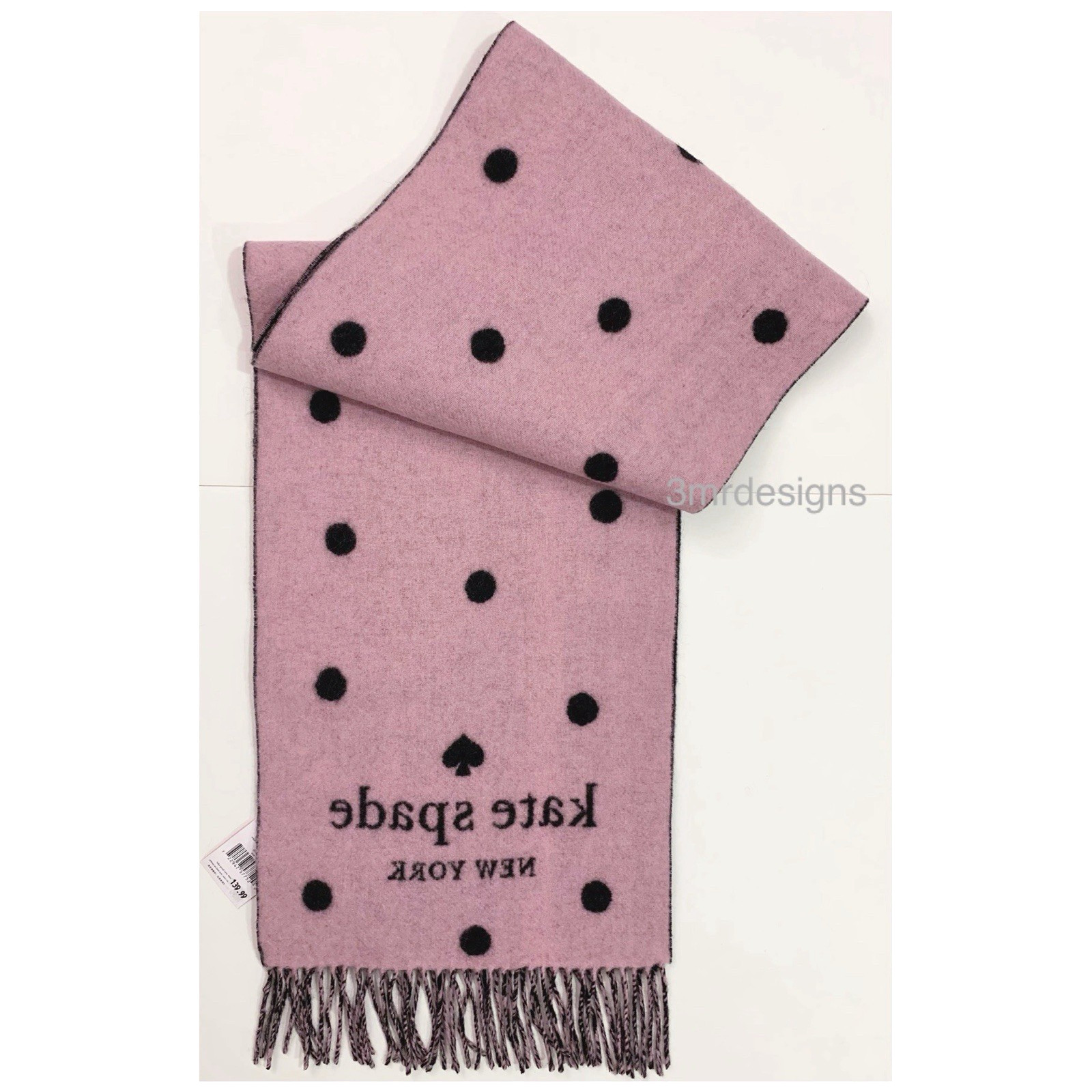 NWT Kate Spade Black/Pink Logo Dot 90% Wool/10% Cashmere Soft Large Oblong Scarf