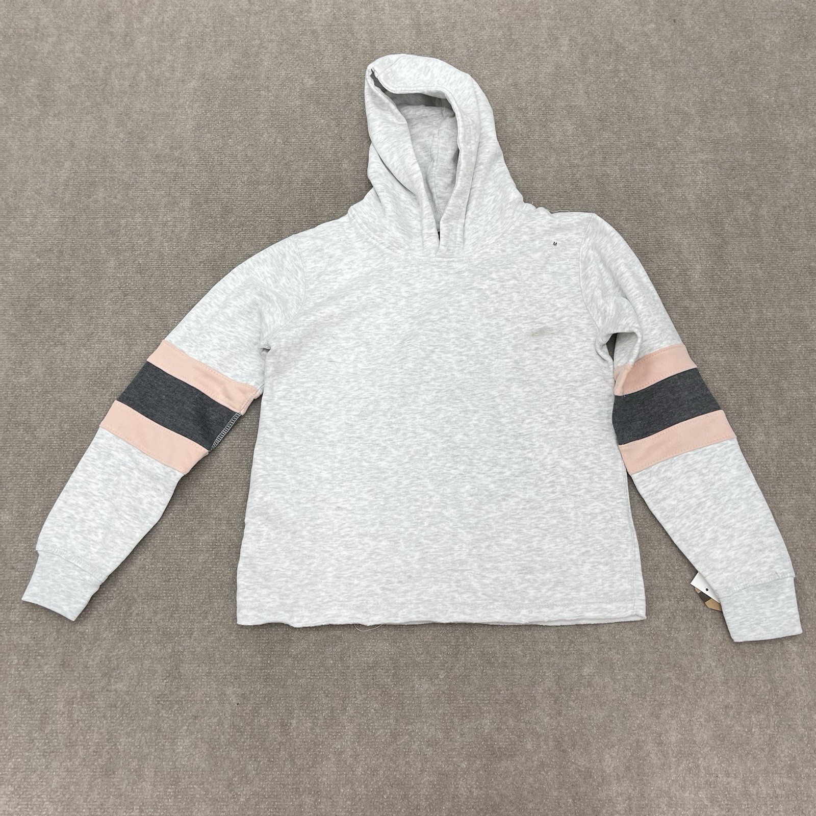 MV Sport White Pink Gray Striped Sleeve Sweatshirt Hoodie Women’s Size M DEFECT