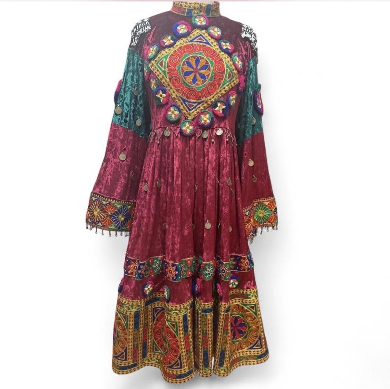 Afghan Traditional Kuchi Hand sewn Velvet Dress Set Shisha Beads Embroidery