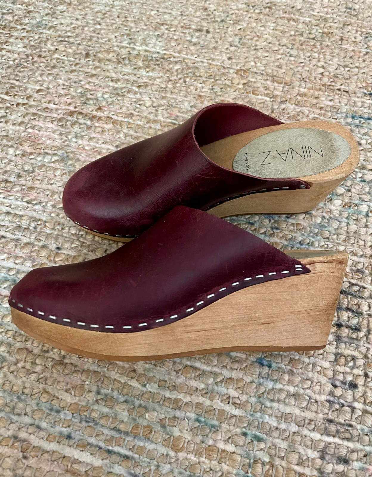 Nina Z Women’s Maroon Leather Closed Toe Slipon Wooden Wedge Clog Sandal 36 US 6