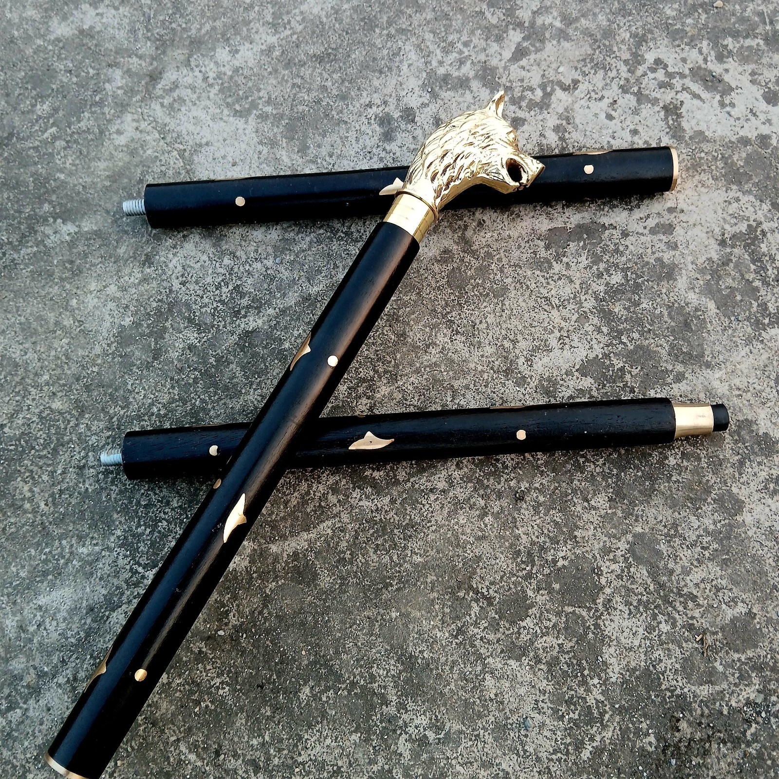 Brass Wolf Head Walking Cane: Gothic Medieval Style, Wooden Shaft