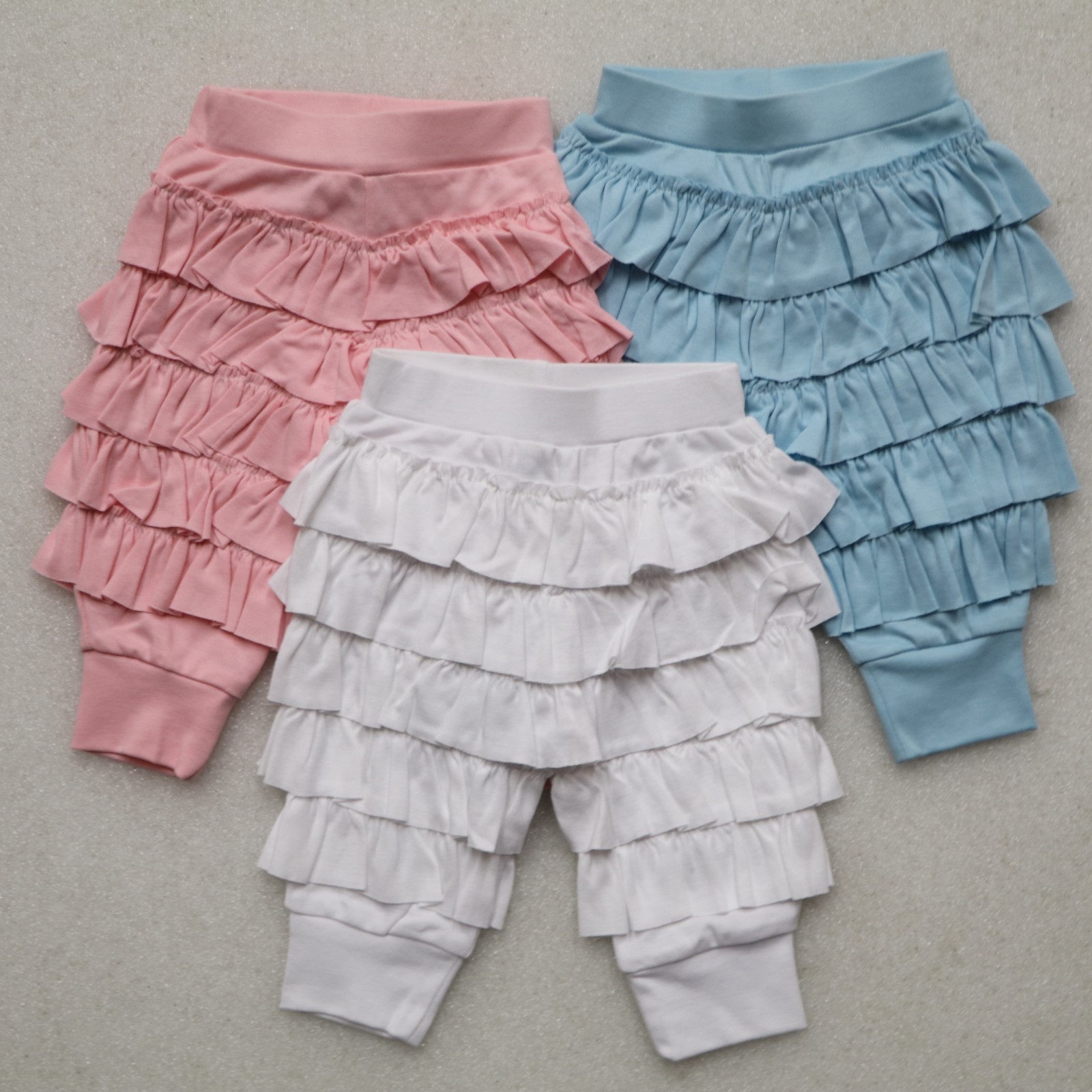 3 PAIR LOT LEMON LOVES LAYETTE GIRL’S SIZE 0-3 MOS RUFFLE PANTS PINK BLUE WHITE