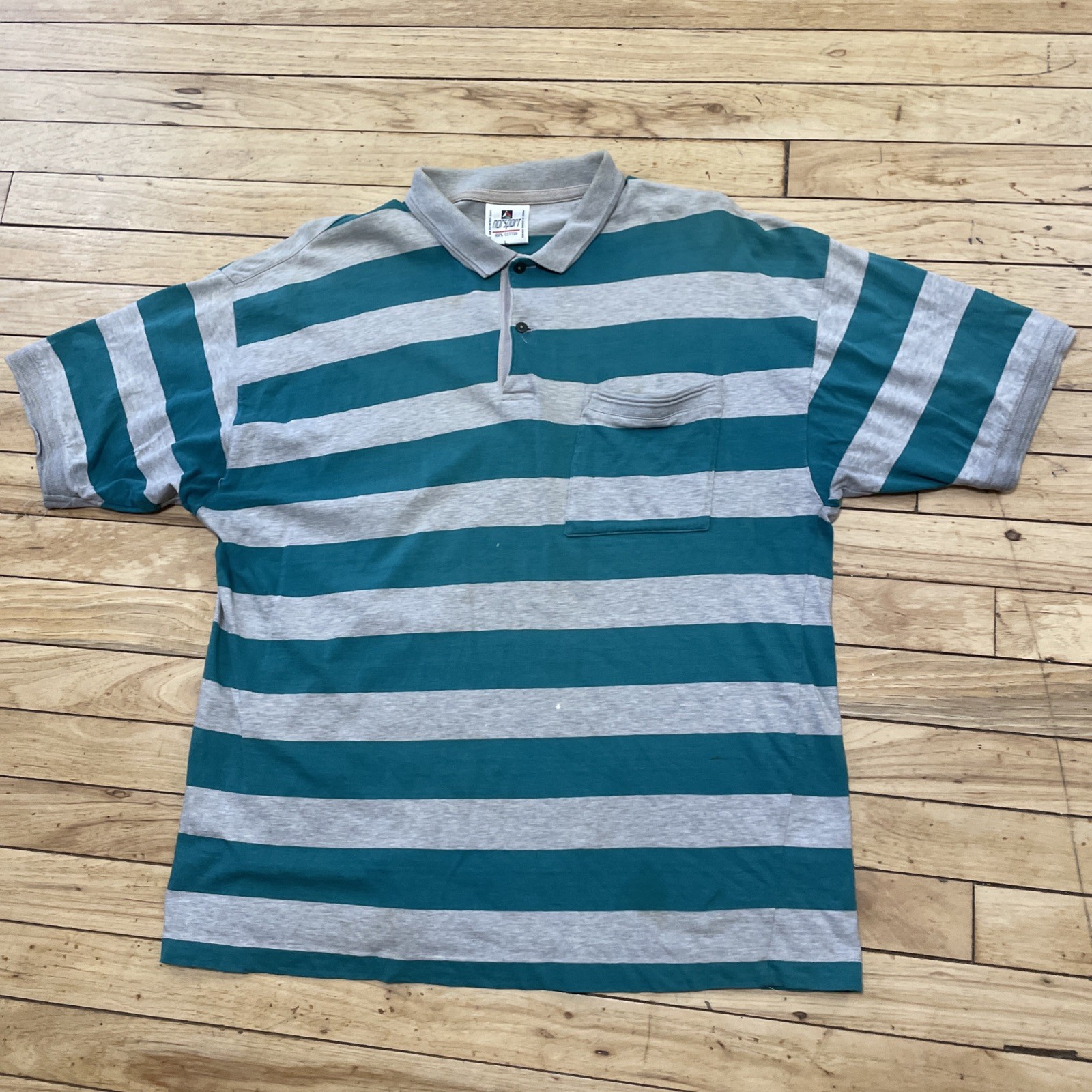 Vtg 90s Nordstrom Norsport Polo Shirt Men L Gray Teal Stripe Stretch Prep Grunge