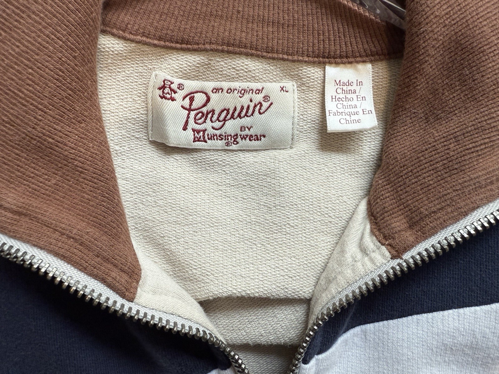 Original Penguin Jacket Mens XL Beige Navy Stripe Full Zip Track Colorblock