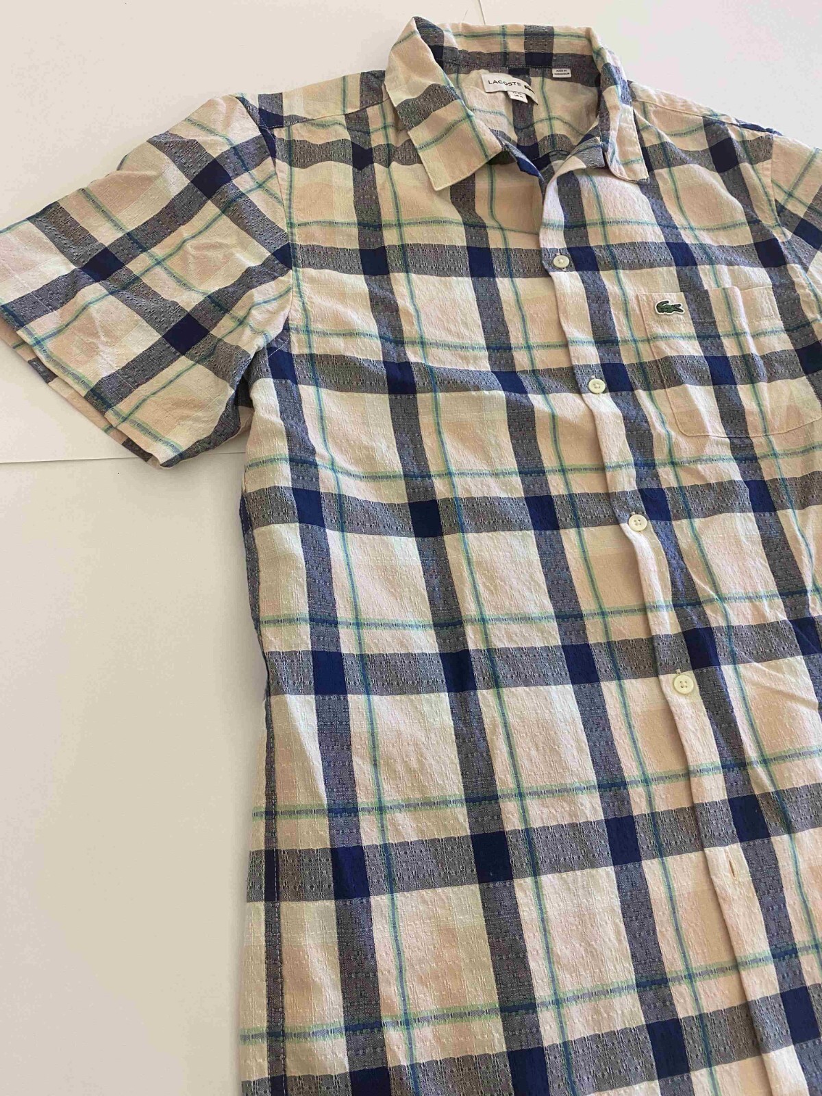 LACOSTE PLAID WOVEN YARN DYE SHORT SLEEVE SHIRT CH0960 51 3DC PNK/NVY NEW W TAG