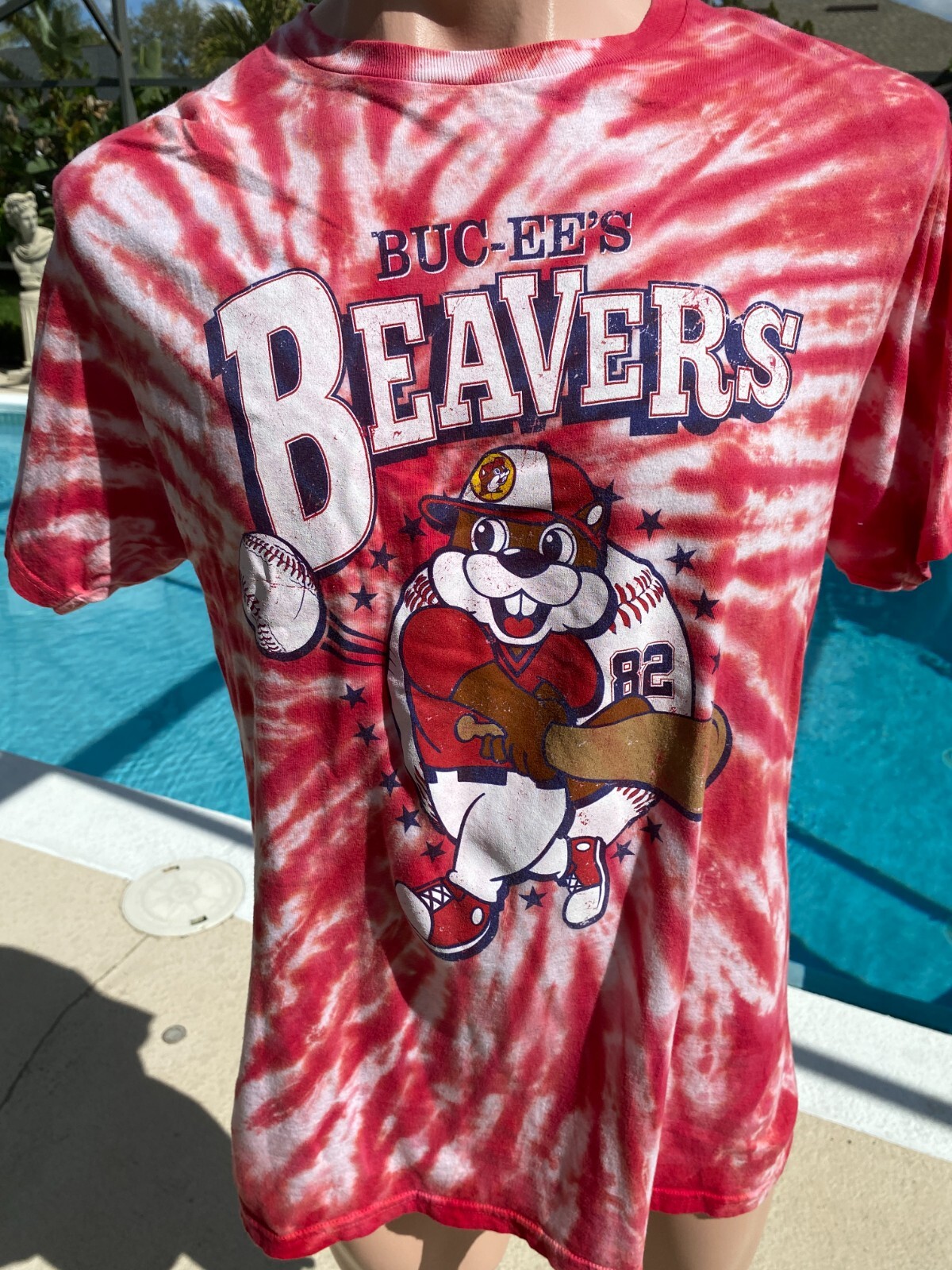 Buc-ees T-Shirt Beaver Baseball Tie Dye Red Mens M Medium