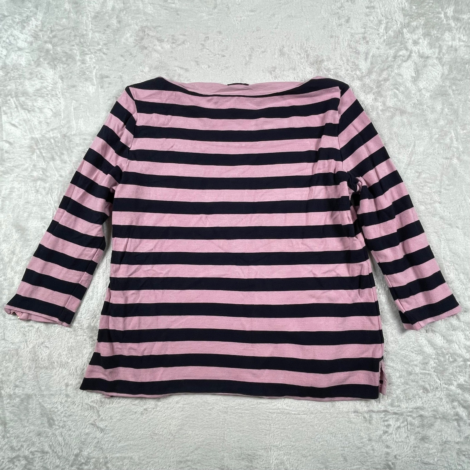 Talbots Petites Women’s Pink Black Striped 3/4 Sleeve Top w/ Zipper Accent