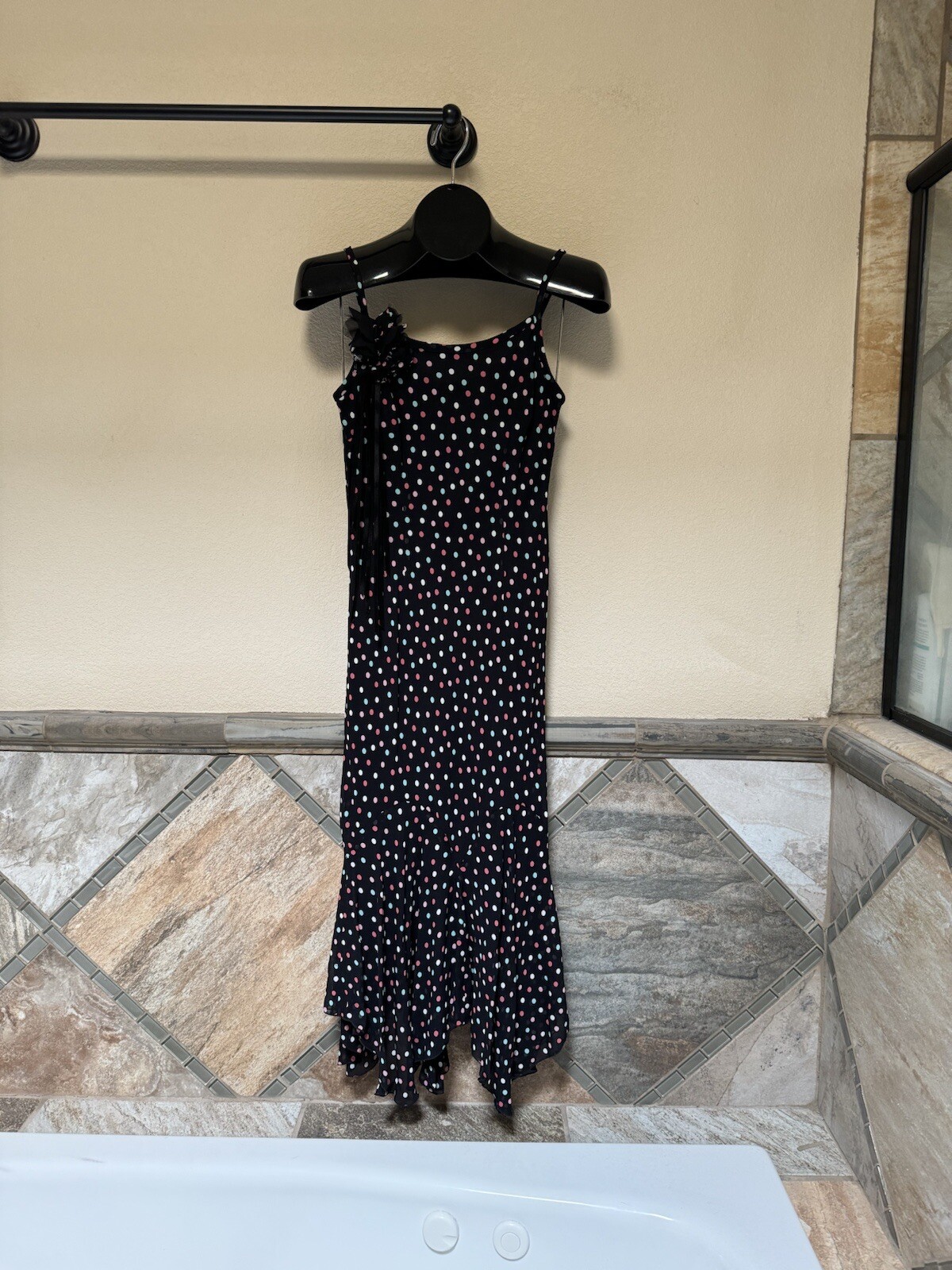Designer Evan Picone Women’s Petite Dress Size 2P Black Polka Dots Lined Zig Zag