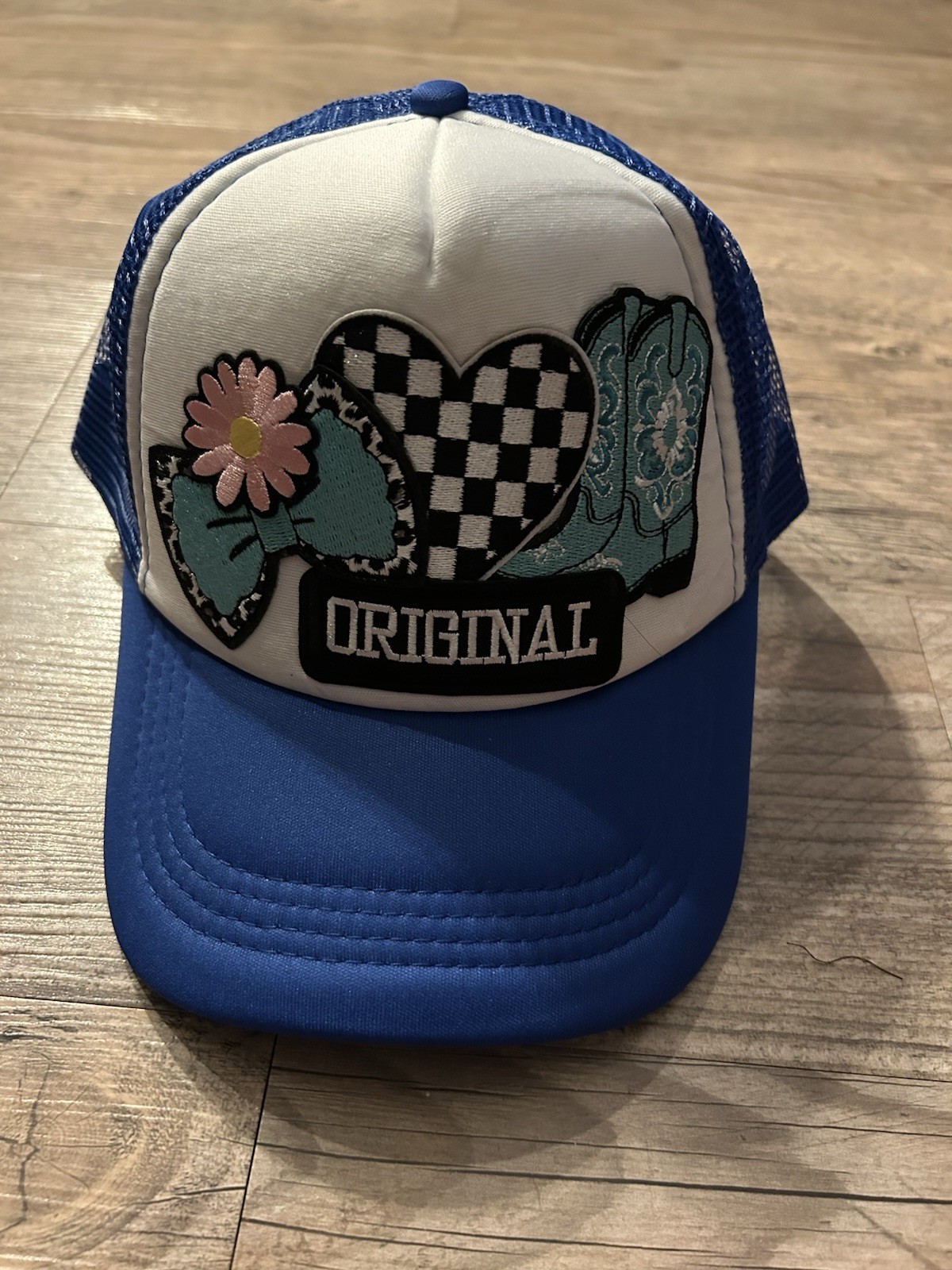 Blue/White Mesh Back Trucker Hat “ORIGINAL” Heart Patch One Size Unisex