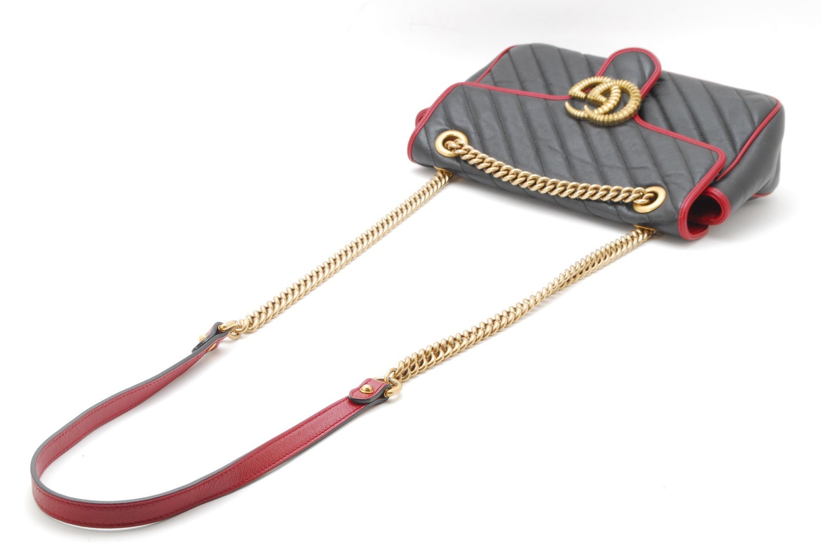 Gucci GG Marmont Shoulder Bag Black Red Trim Chain 443497