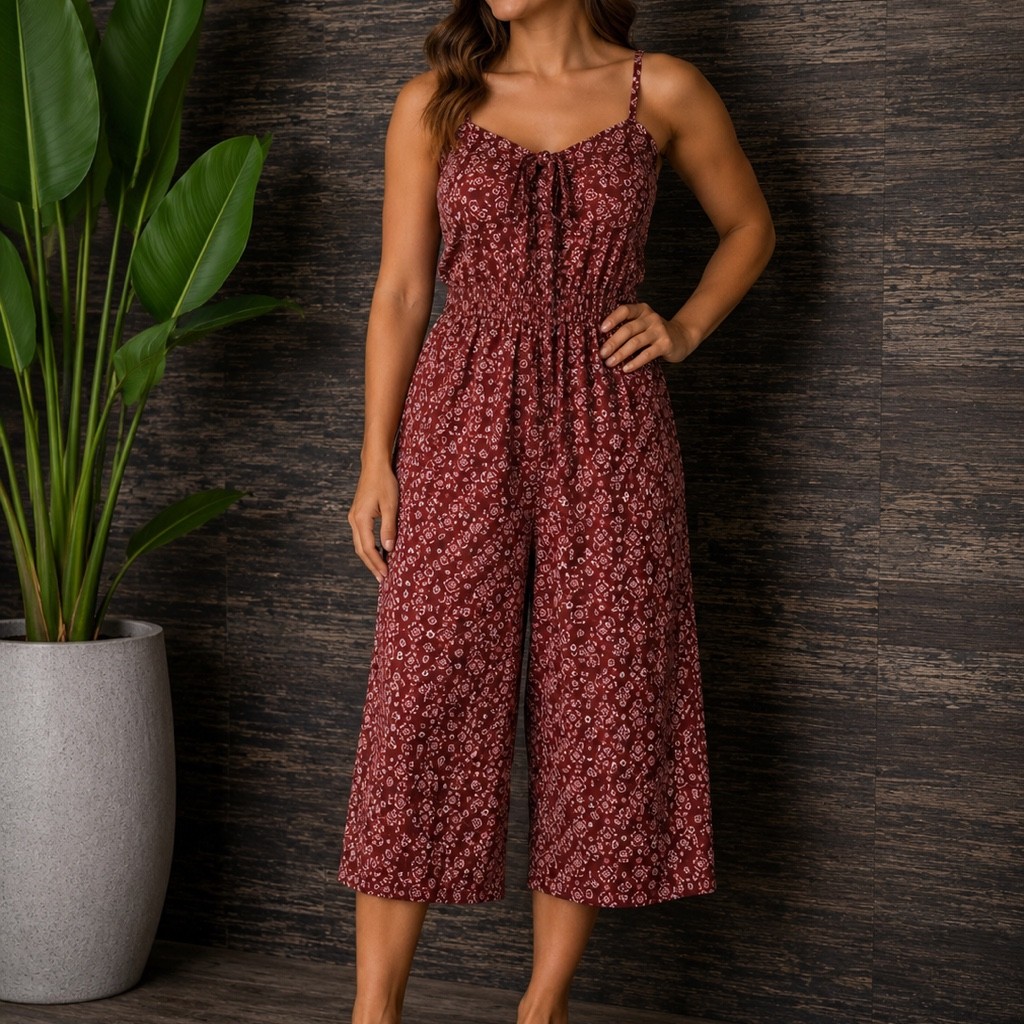 Women’s Burgundy Boho Wide Leg Jumpsuit | Sleeveless Romper size XL