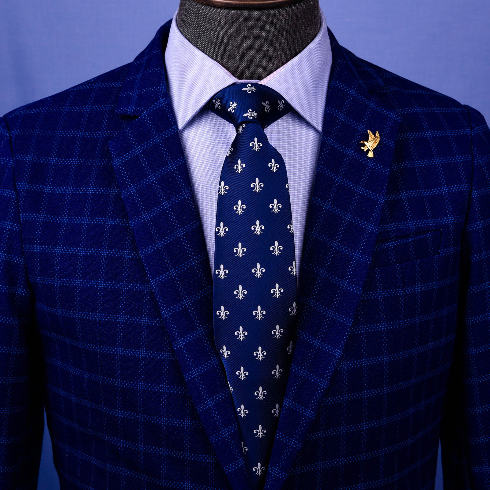 Navy Blue Italian With White Fleur-De-Lis Embroidery Designer Tie 8cm Necktie