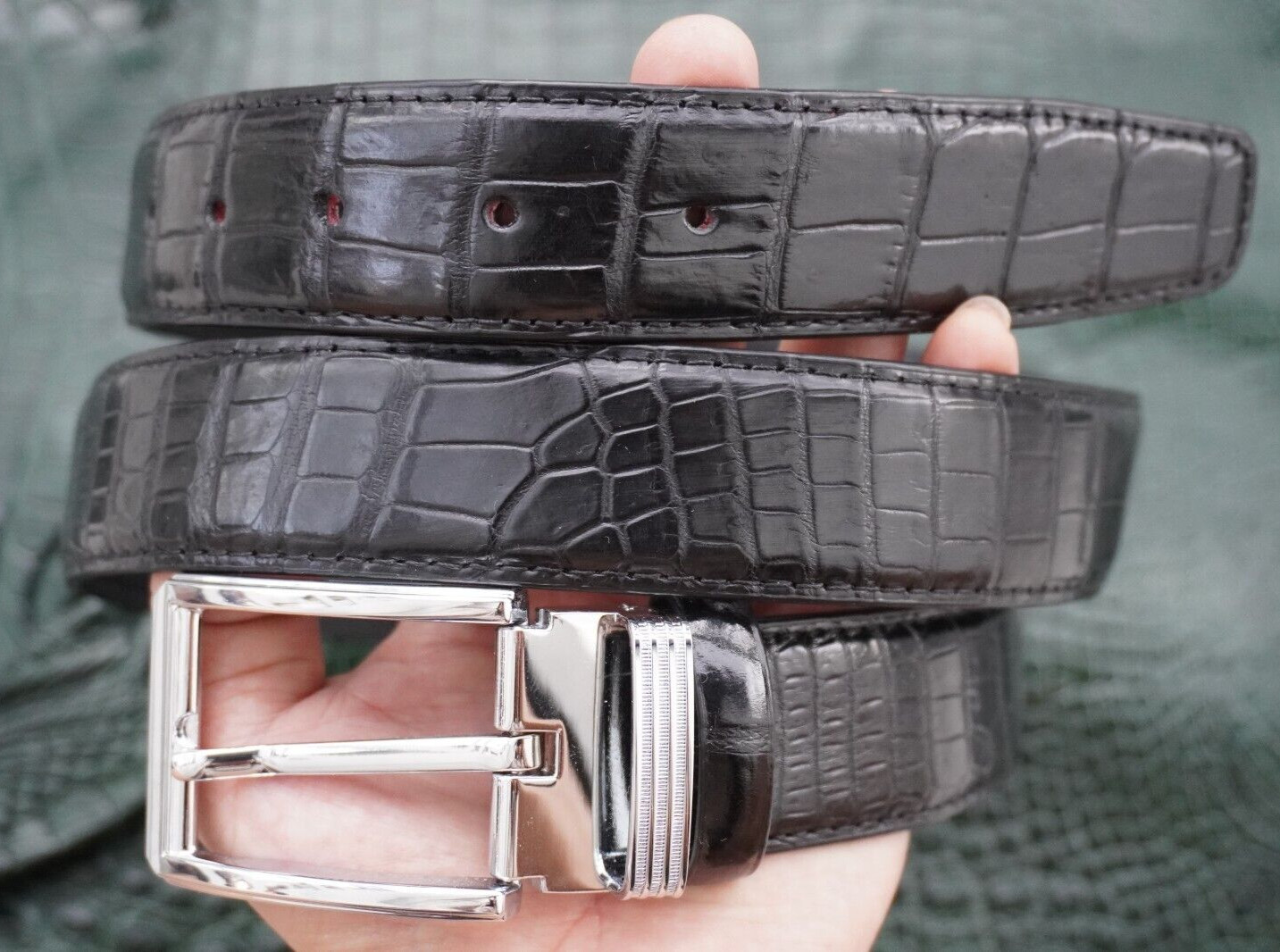 W1.3 inch Black Genuine Crocodile Belly Leather Skin Men’s Belt Pin Buckle #J02