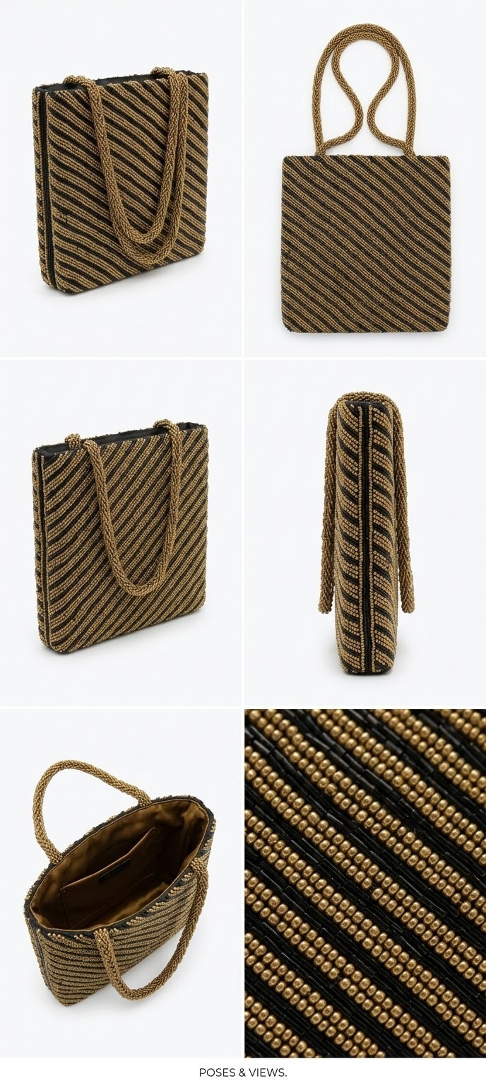STYLISH VINTAGE-STYLE HAND-BEADED STRIPE EVENING TOTE CLUTCH BLACK & GOLD