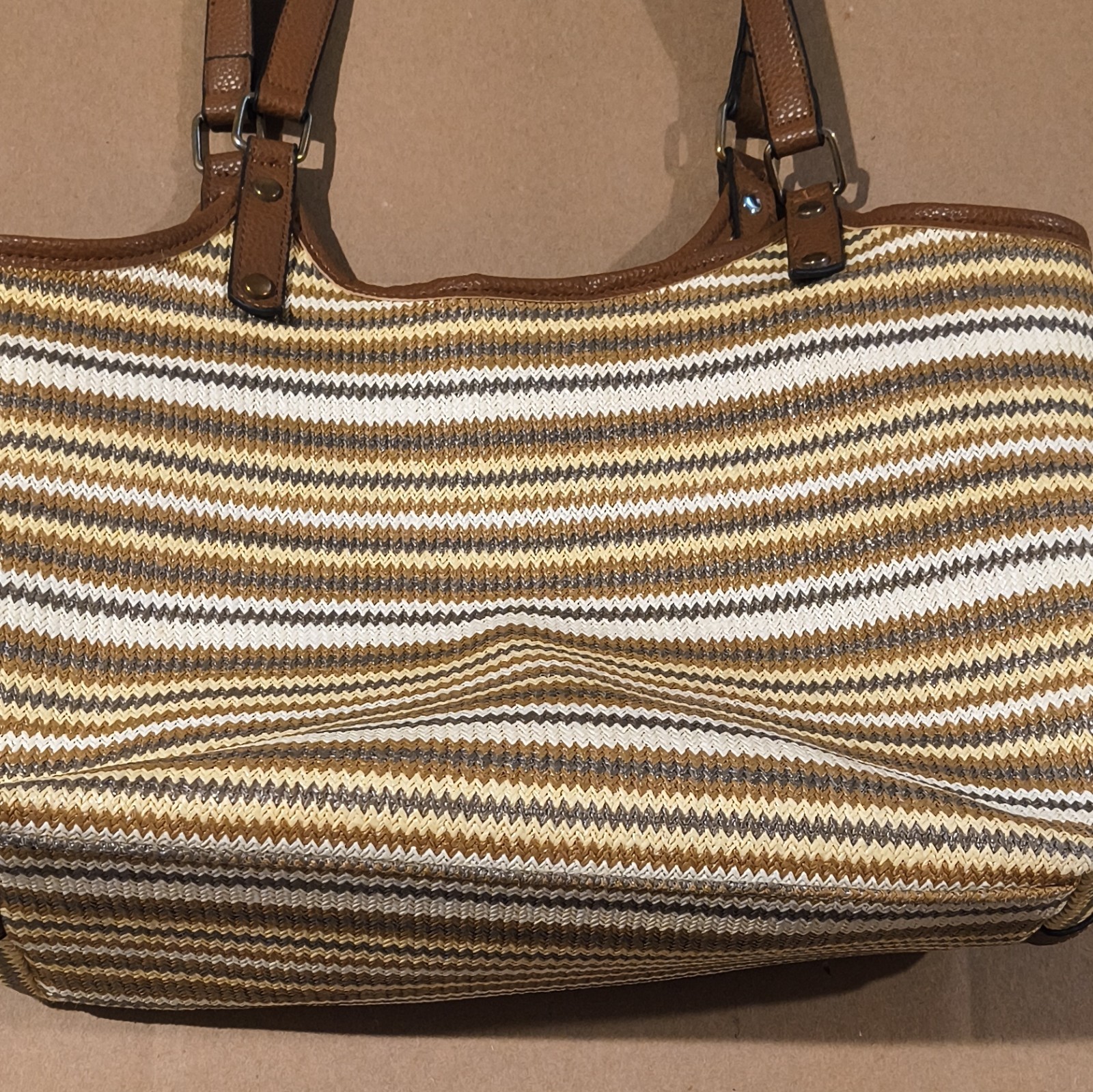 Striped Tote Bag Brown Beige Magnetic Zip Lined Pockets Silver